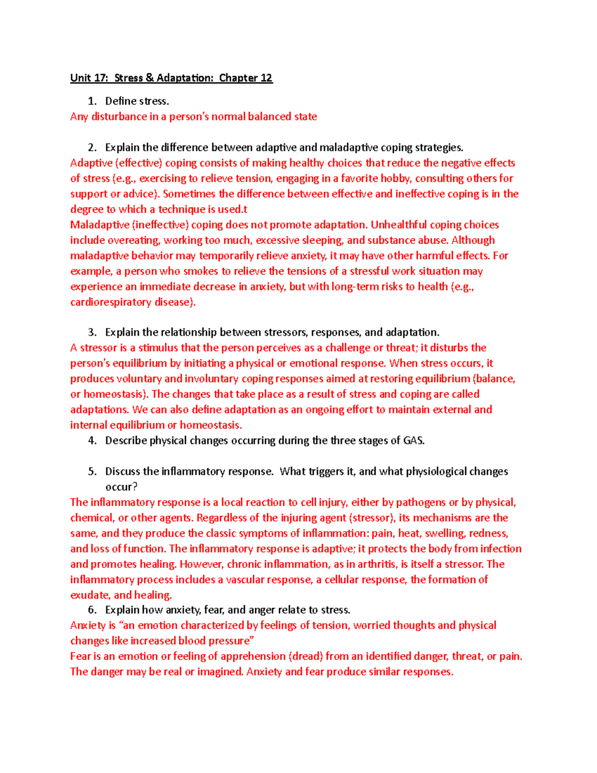 Chapter 12 Worksheet - Unit 17: Stress & Adaptation: Chapter 12 Define ...