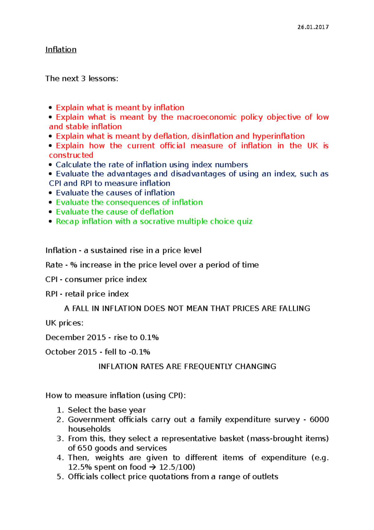 E 26 - Lesson notes for macroeconomics - Inflation The next 3 lessons ...