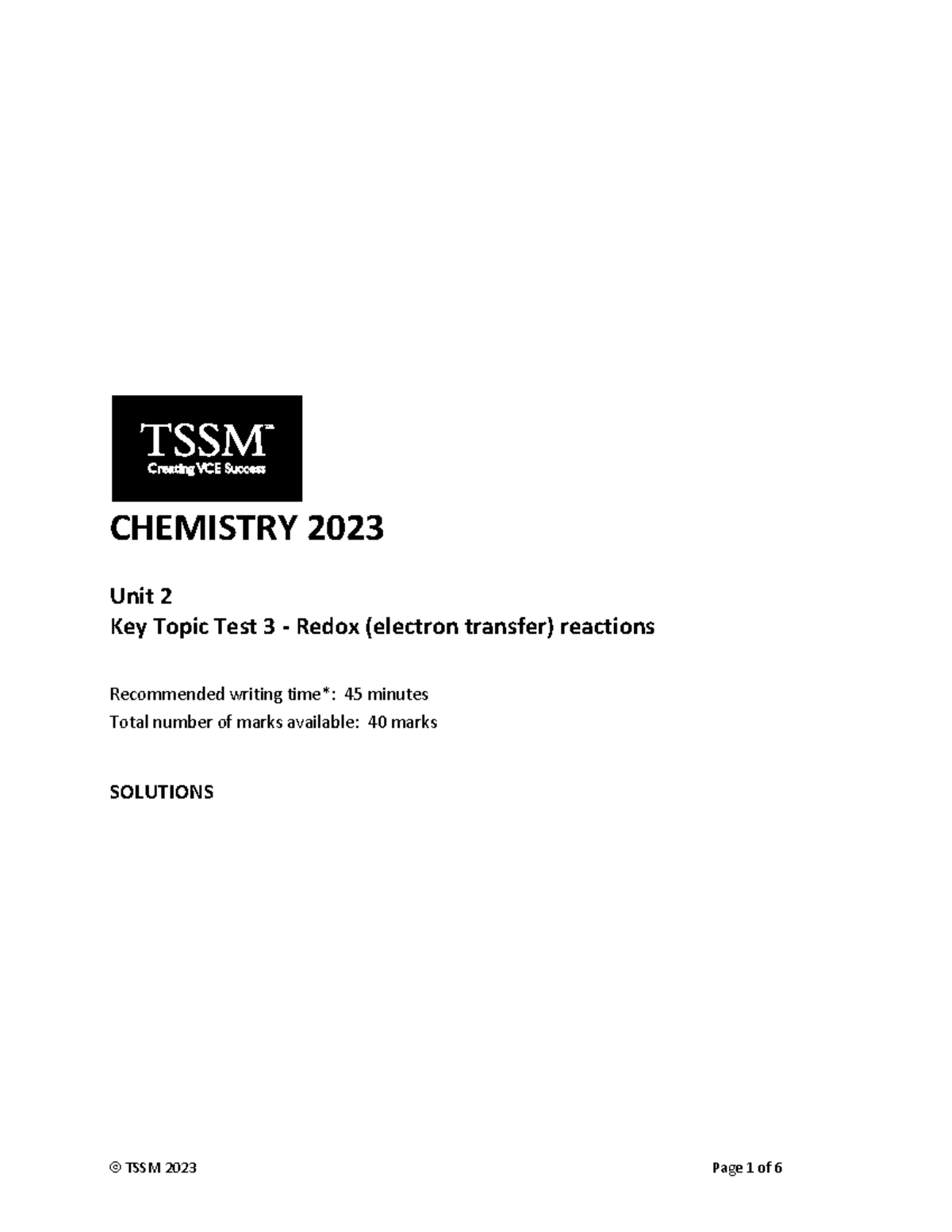 2023 Unit 2 Chemistry Key Topic Tests - Solution Book 3 - CHEMISTRY ...