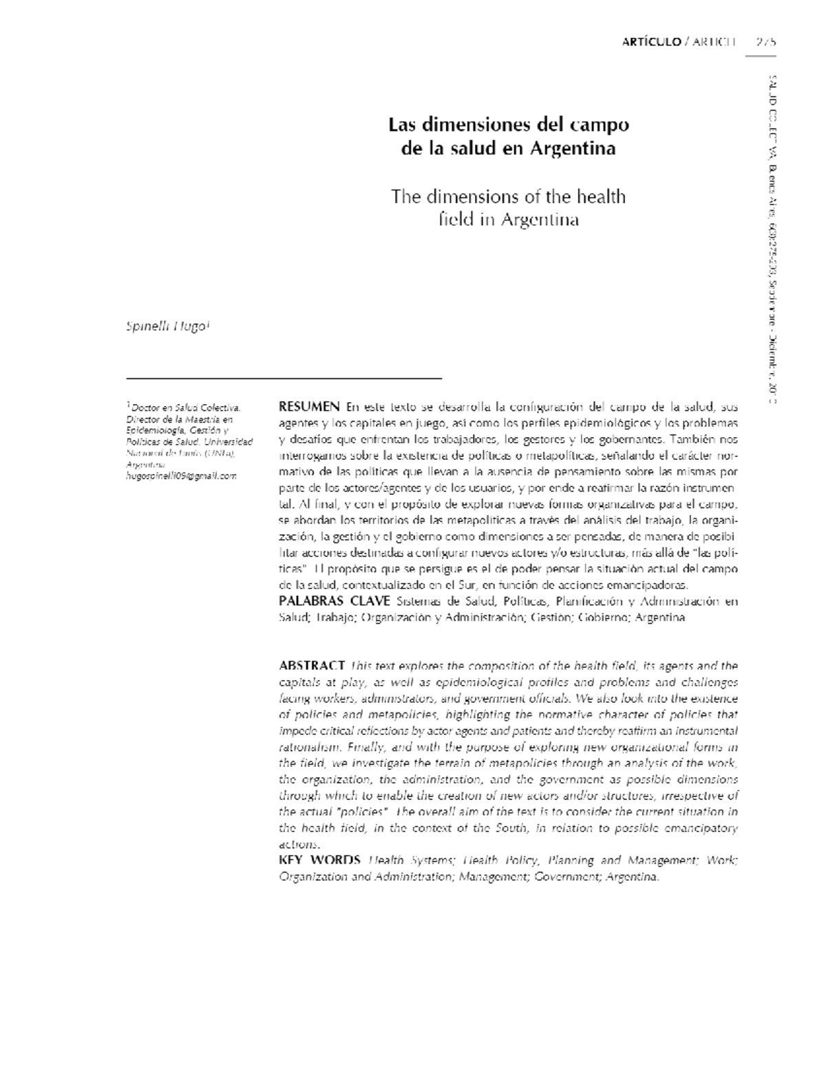Spinelli Las dimensiones del campo de la salud en Argentina - Redes Y ...