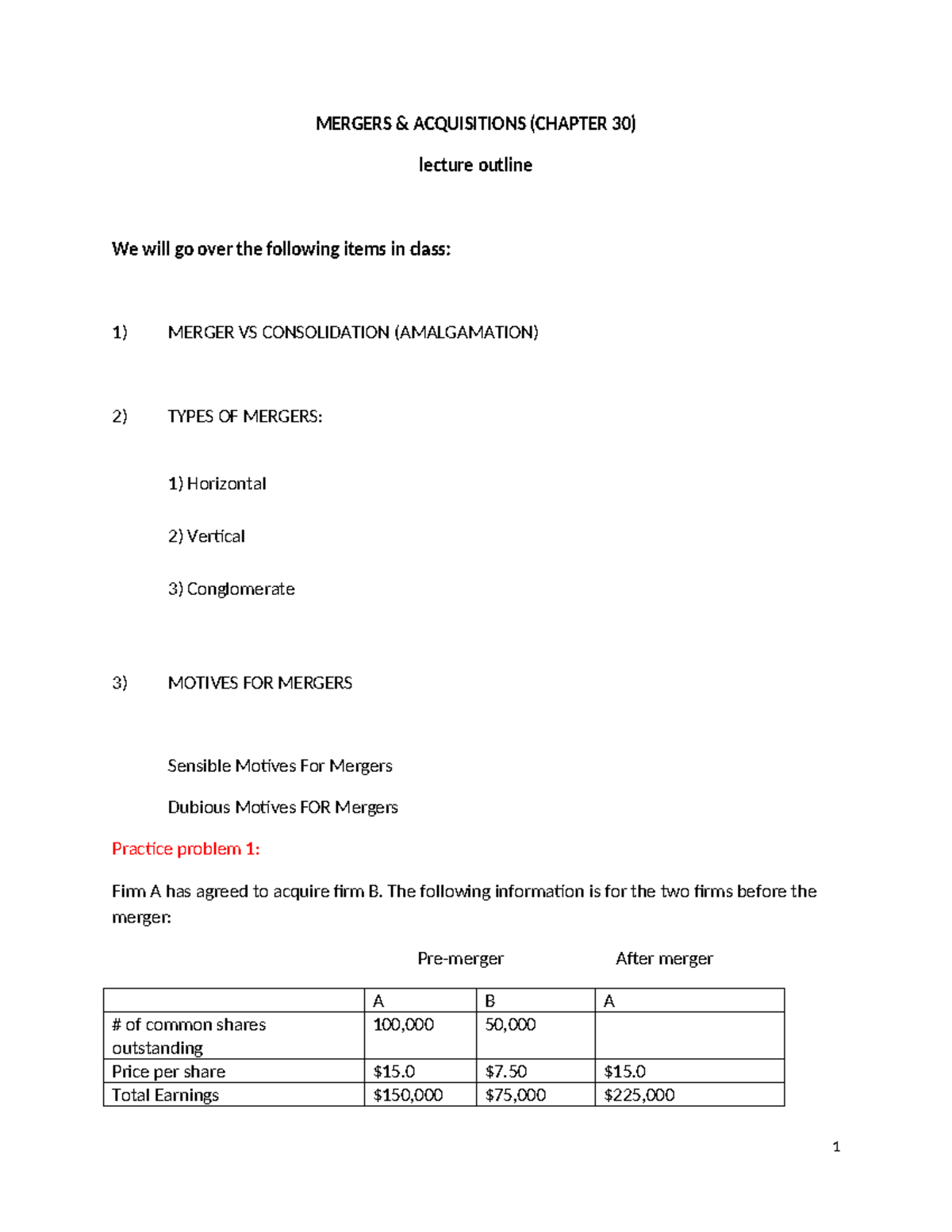 Chapter 30 lecture outline F2023 - MERGERS & ACQUISITIONS (CHAPTER 30 ...