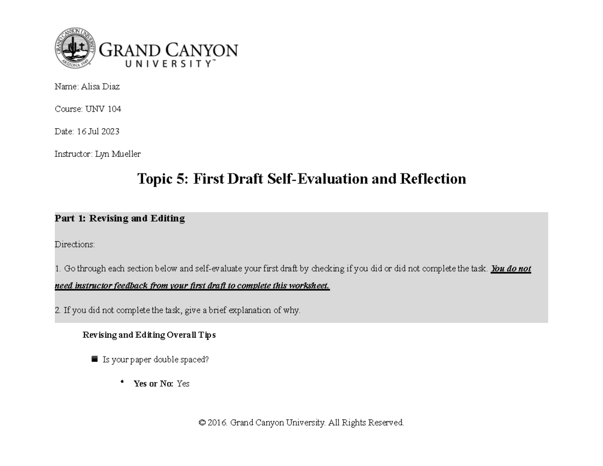 First Draft Self-Evaluationand Reflection - UNV-104 - GCU - Studocu