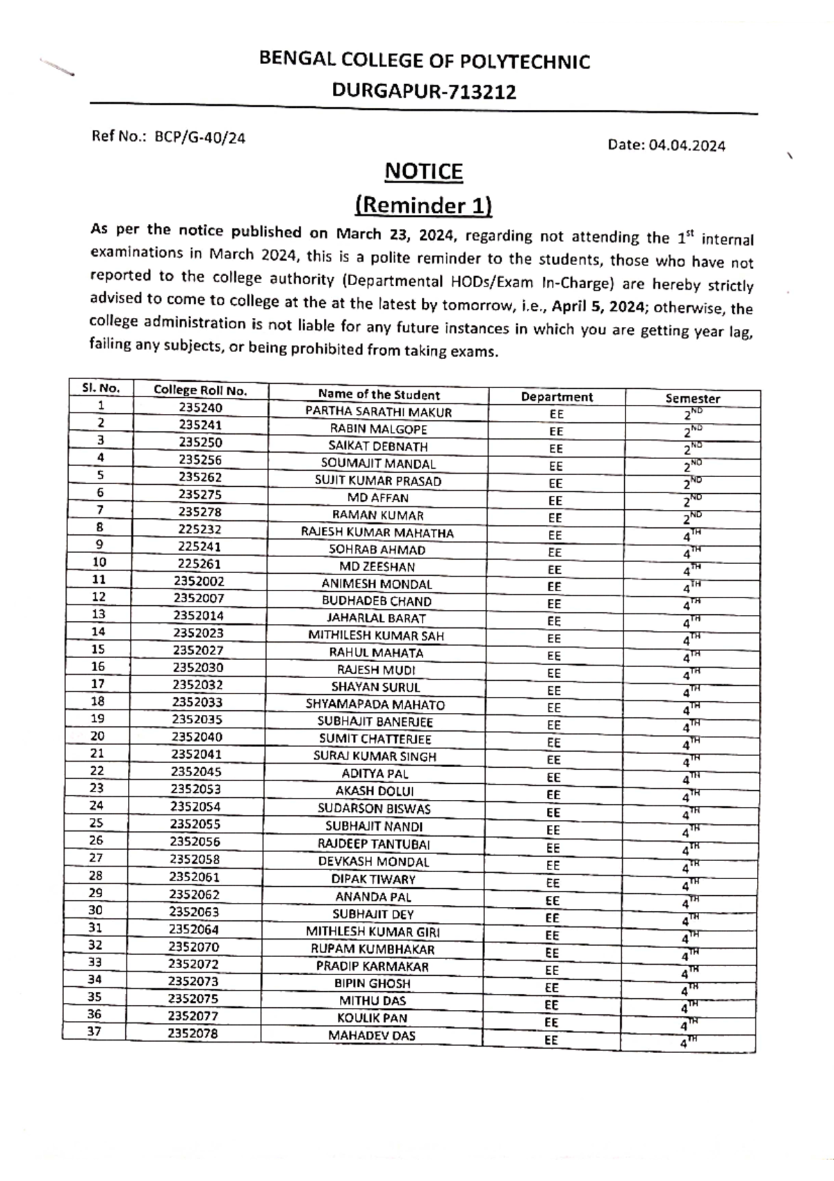 EE DEPT Reminder Notice - Computer Science and Engineering - Studocu