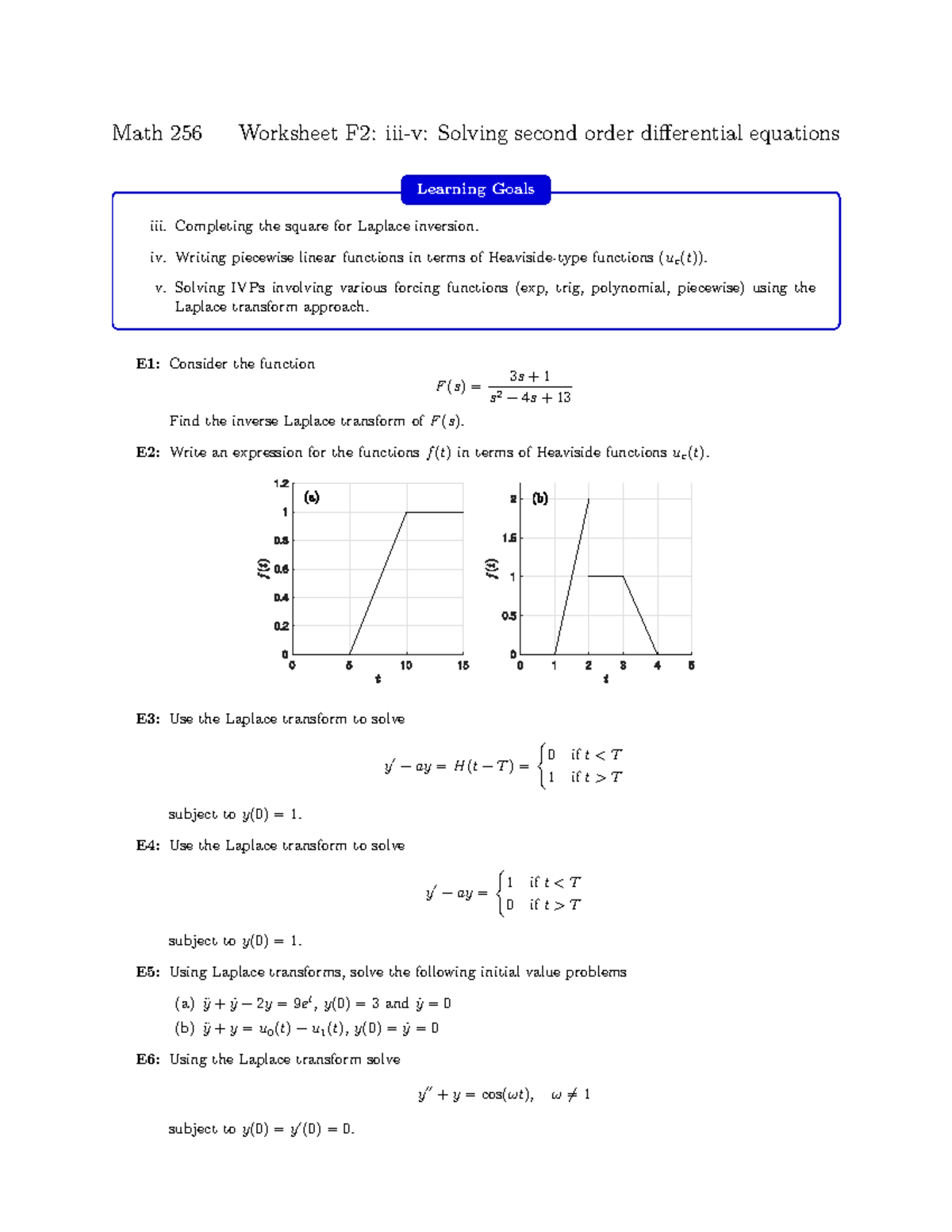 Worksheet F2 iii iv Completing the square and heavisides - Math 256 ...