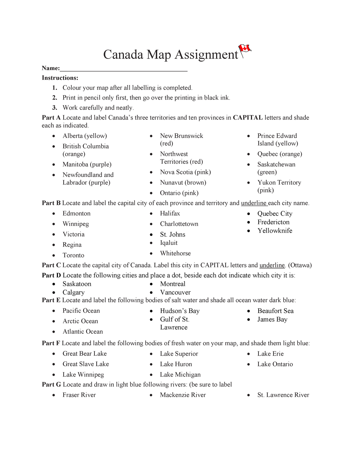 grade 9 map of canada assignment