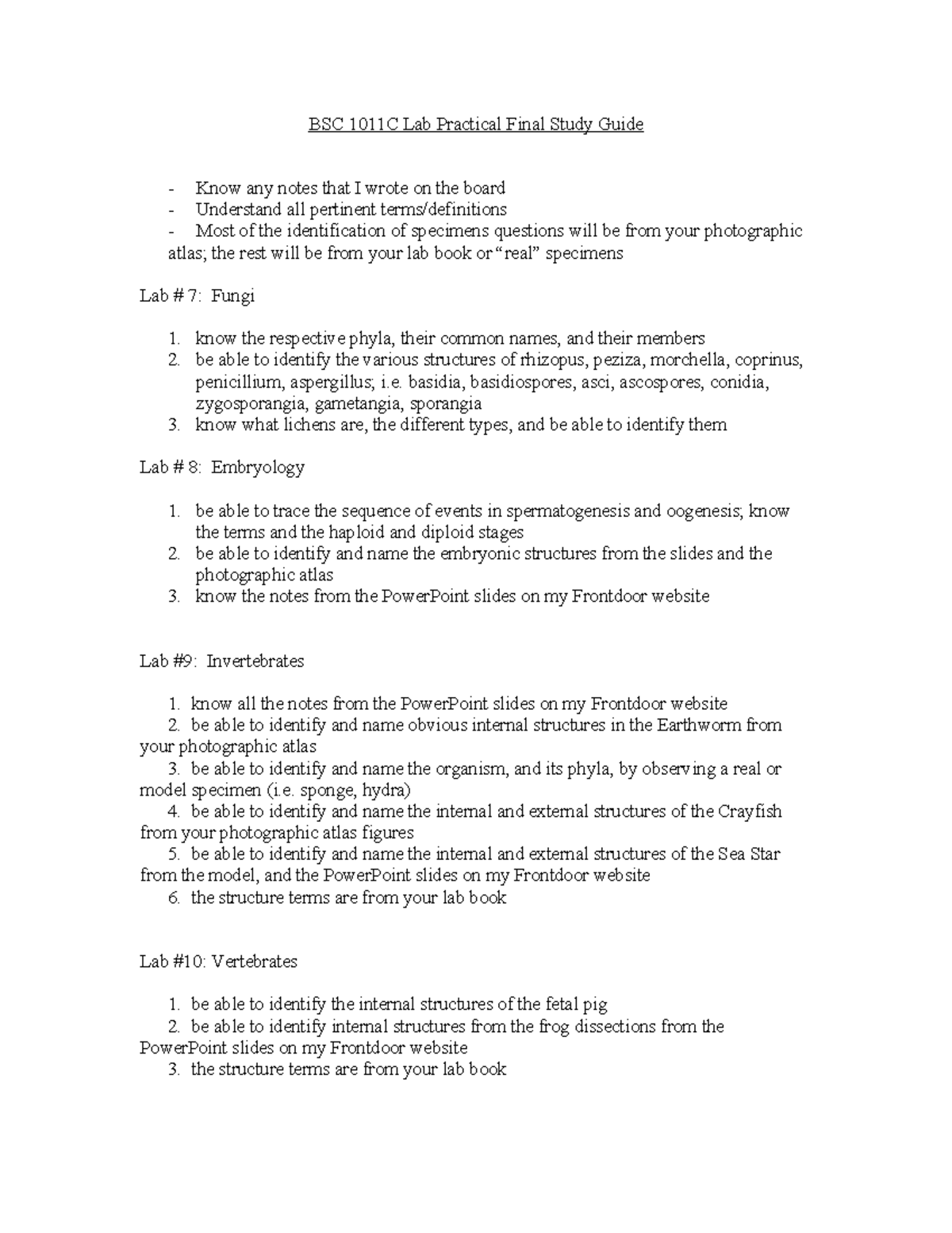 Bio II Lab practical Final Study Guide - BSC 1011C Lab Practical Final ...
