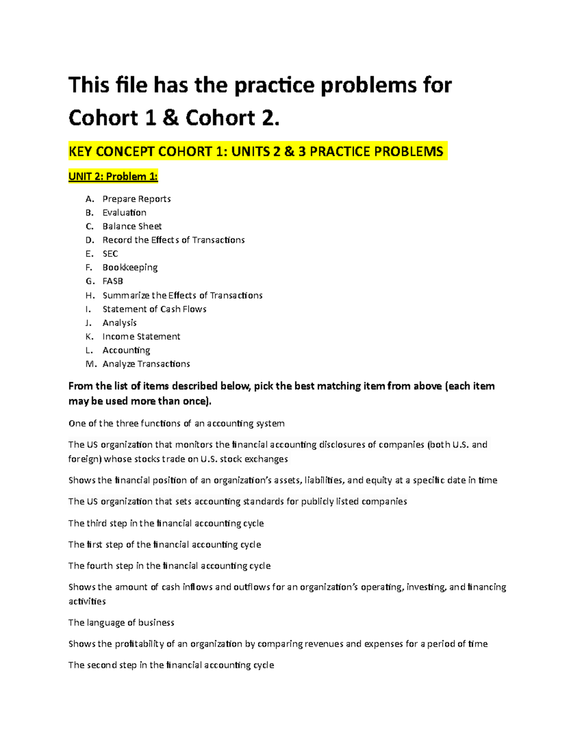 Cohort 1Units 23 HW Problems This file has the practice problems