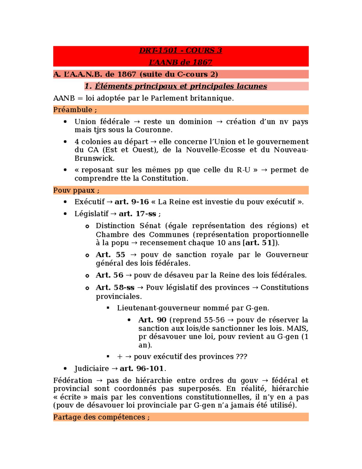 Cours 3 - L'AANB de 1867 - DRT-1501 - COURS 3 L’AANB de 1867 A. L’A.A.N ...