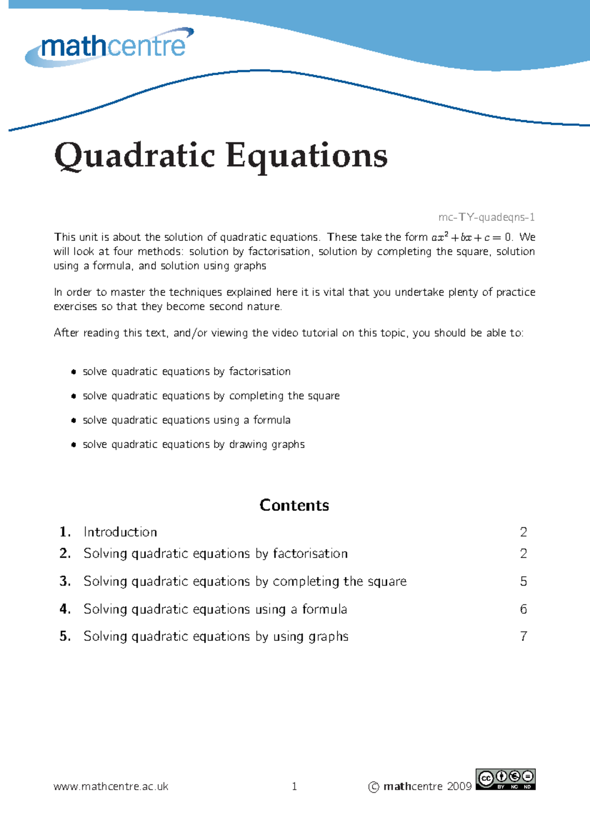 Quadratic Equation handout - Quadratic Equations mc-TY-quadeqns- This ...