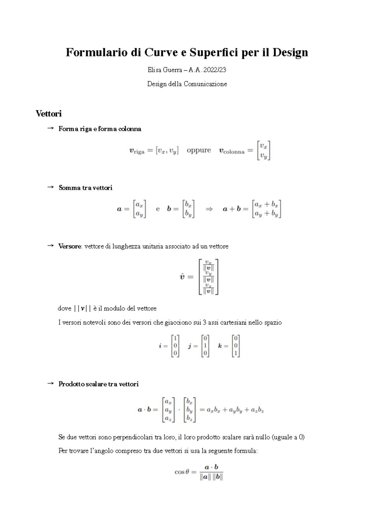 Formulario - appunti - Formulario di Curve e Superfici per il Design ...