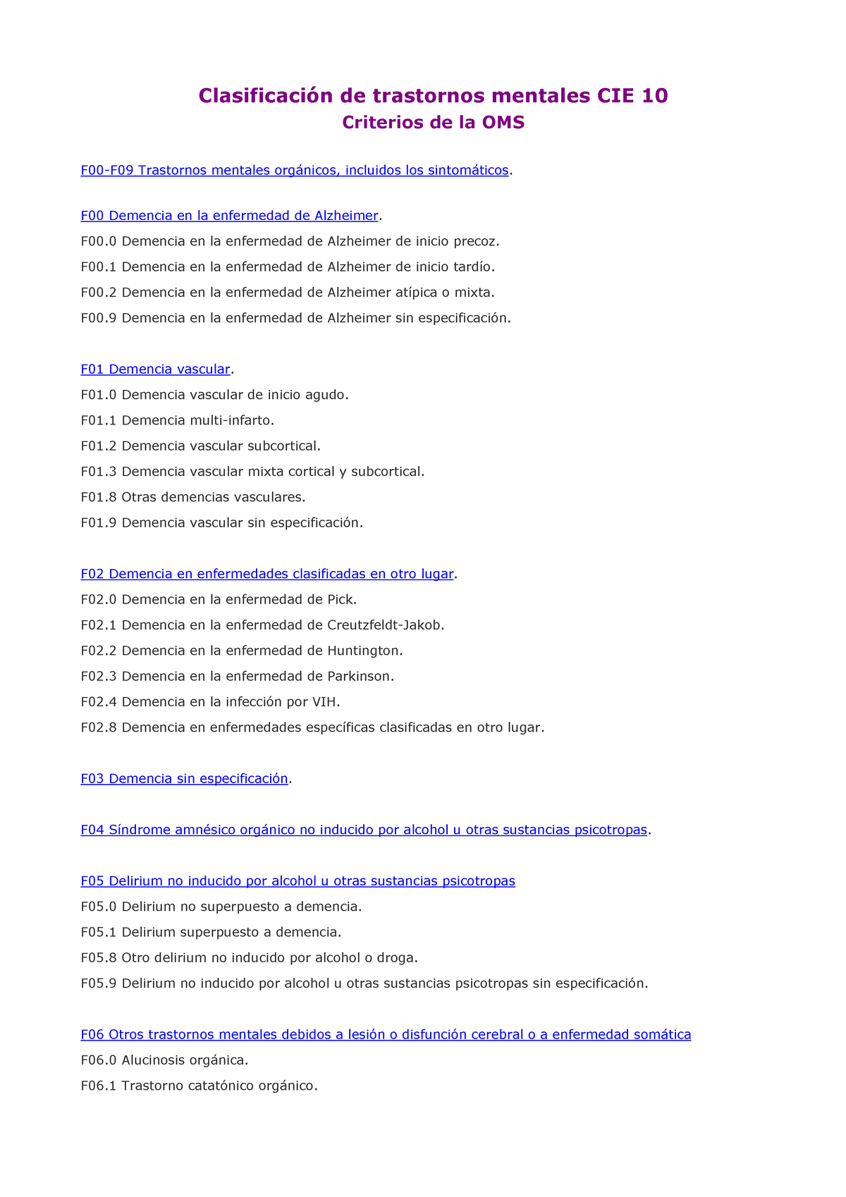 CIE 10 - Psicología - Clasificación De Trastornos Mentales CIE 10 ...