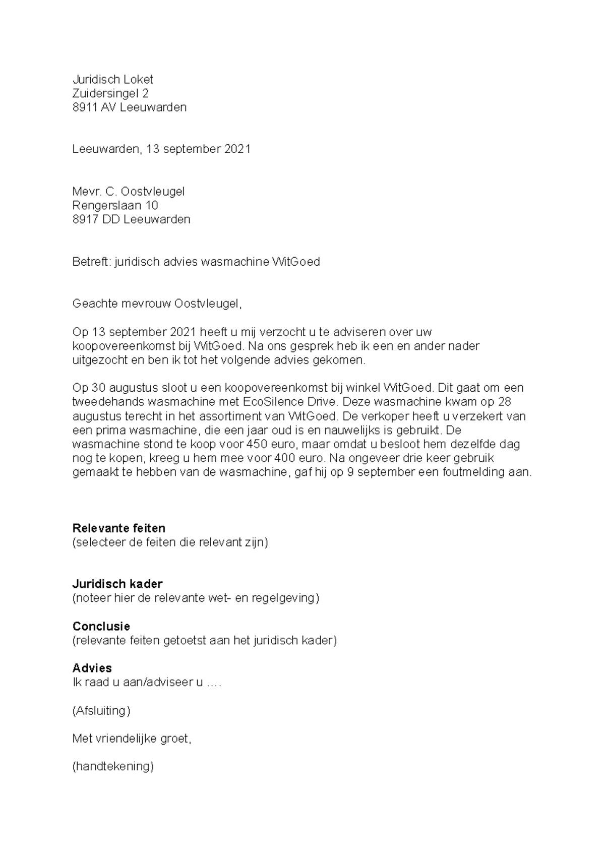 Format Adviesbrief - Juridisch Loket Zuidersingel 2 8911 AV Leeuwarden ...