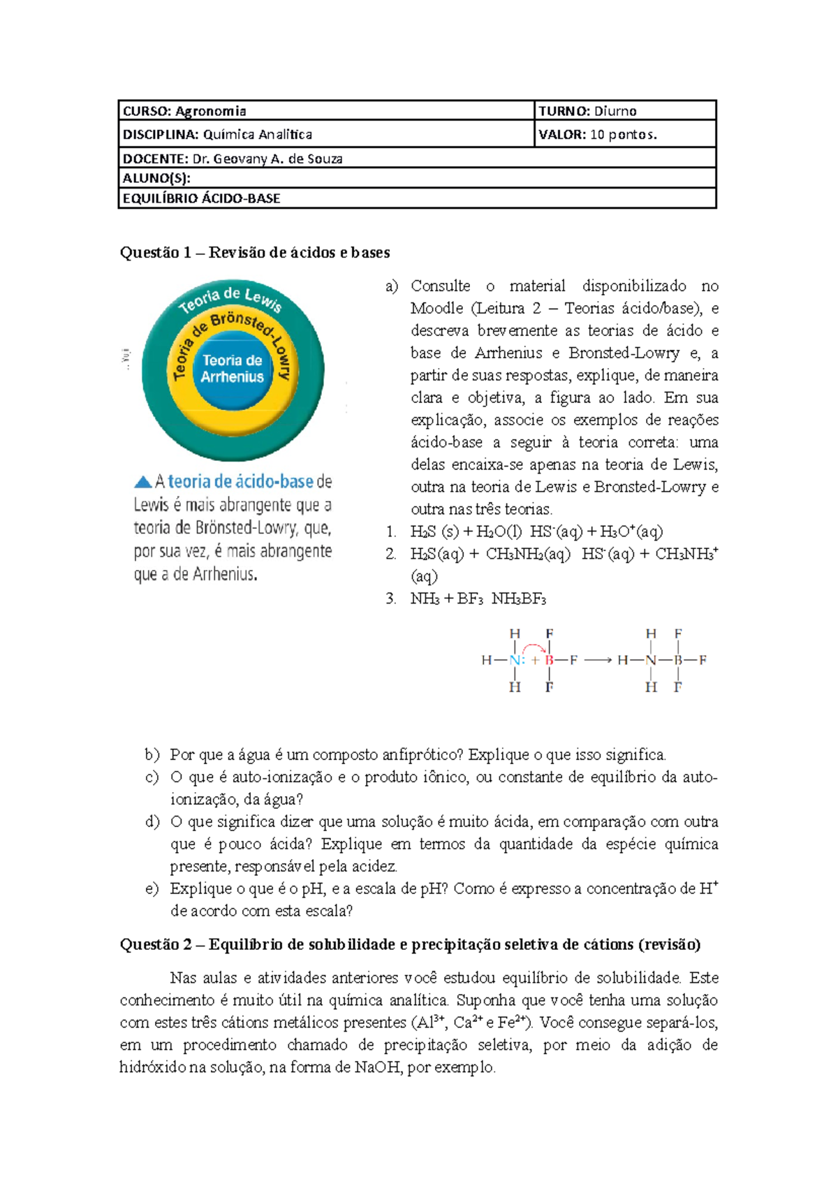 Atividade Equilíbrio ácido Base Curso Agronomia Turno Diurno