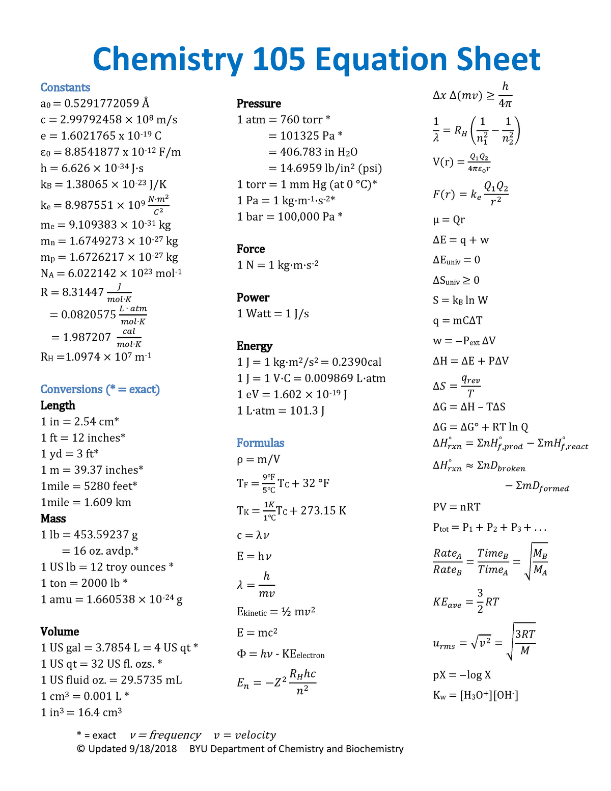 Chem 105 106 Equation Sheet Fall 18 Studocu