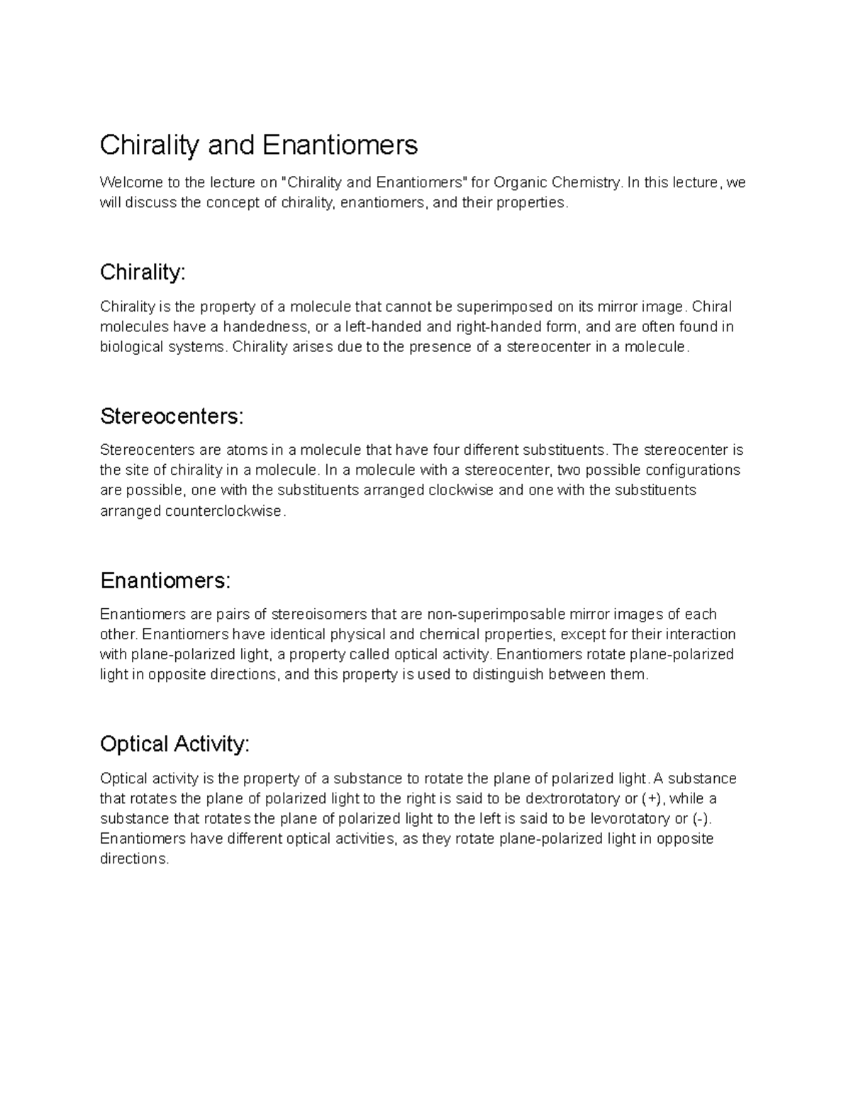 Organic Chemistry II (CHM-2020 ) Lecture 5- Chirality and Enantiomers ...