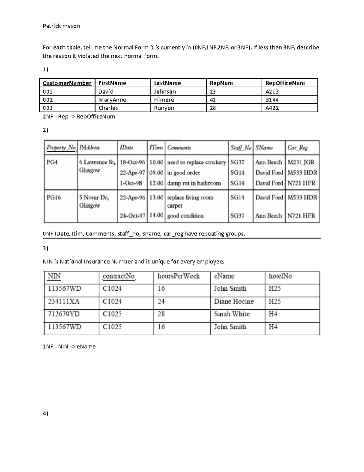 Assignment - Normalization 1 - Patrick mason For each table, tell me ...