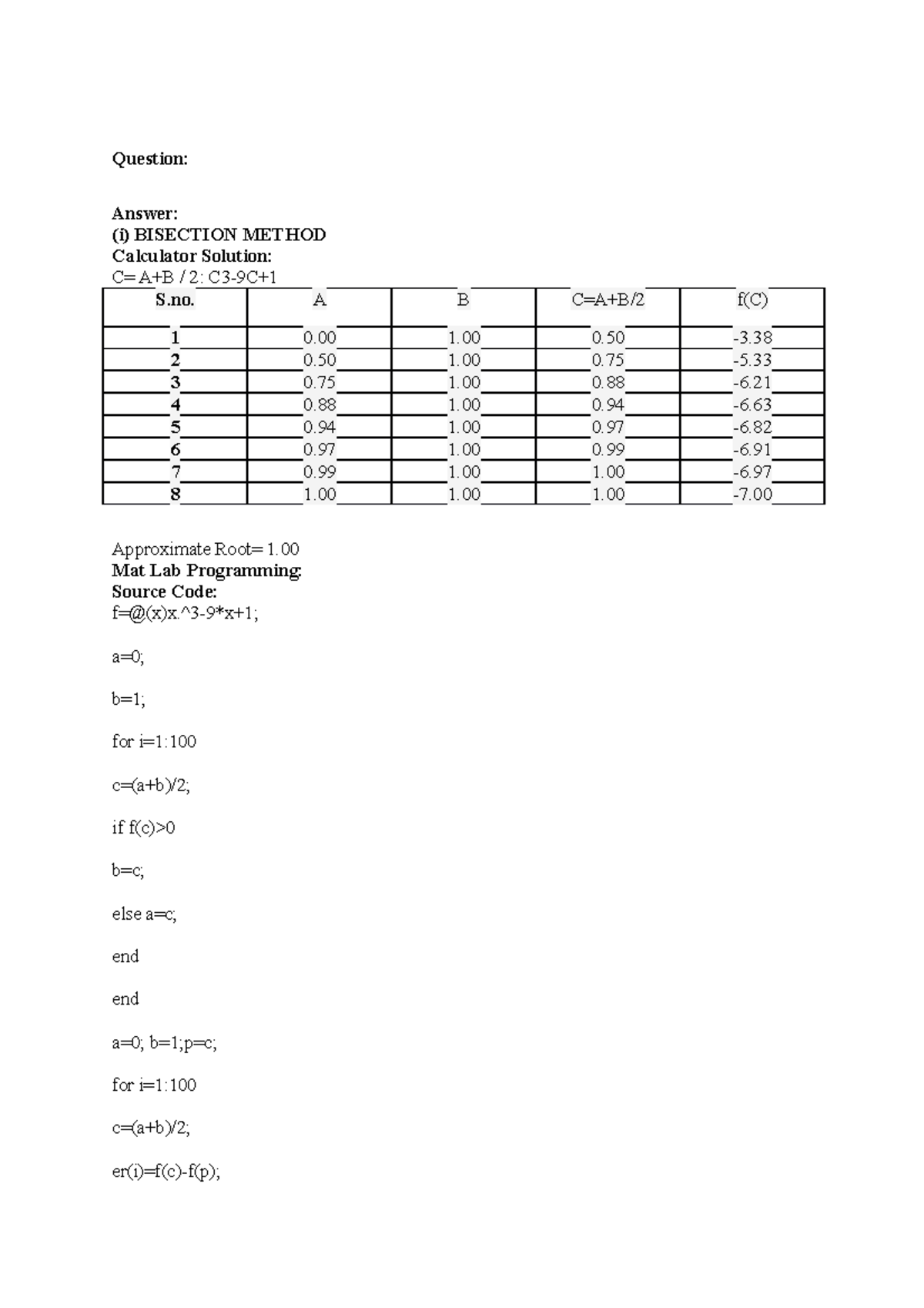 Assignment 1- NC about math - Question: Answer: (i) BISECTION METHOD ...