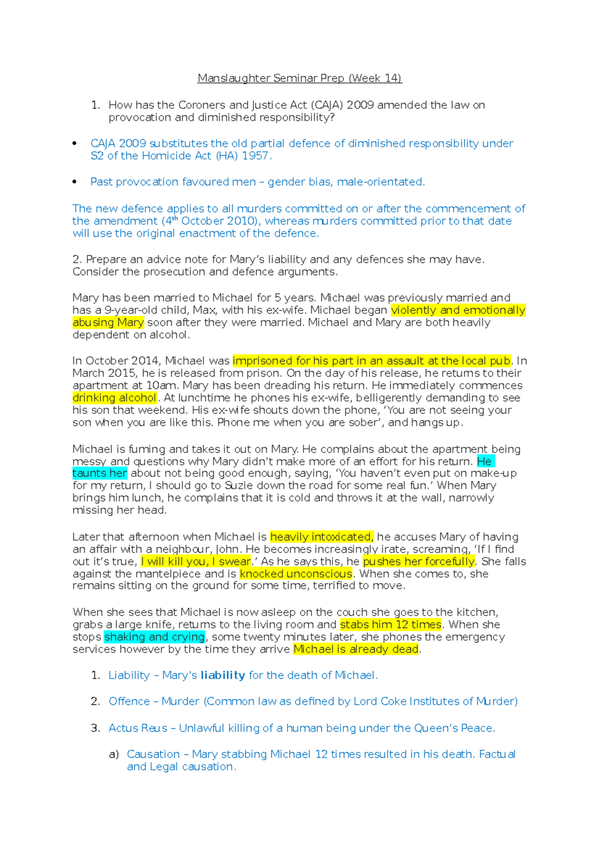 Manslaughter Seminar Prep 14 - Past provocation favoured men – gender ...