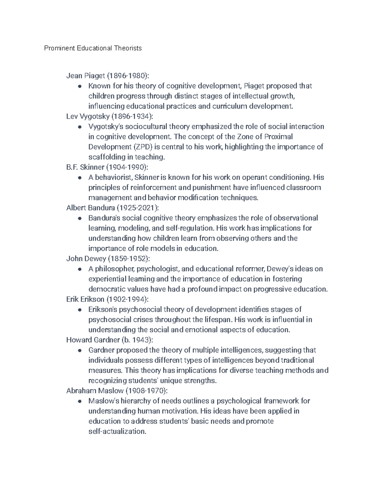 Ed Psych Notes - 4 - Prominent Educational Theorists Jean Piaget (1896 ...