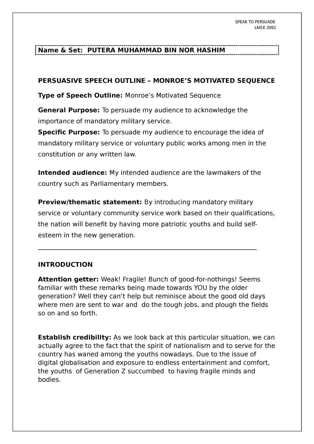 Monroes Motivated Sequence Template and Sample LMCE 2092 Name & Set