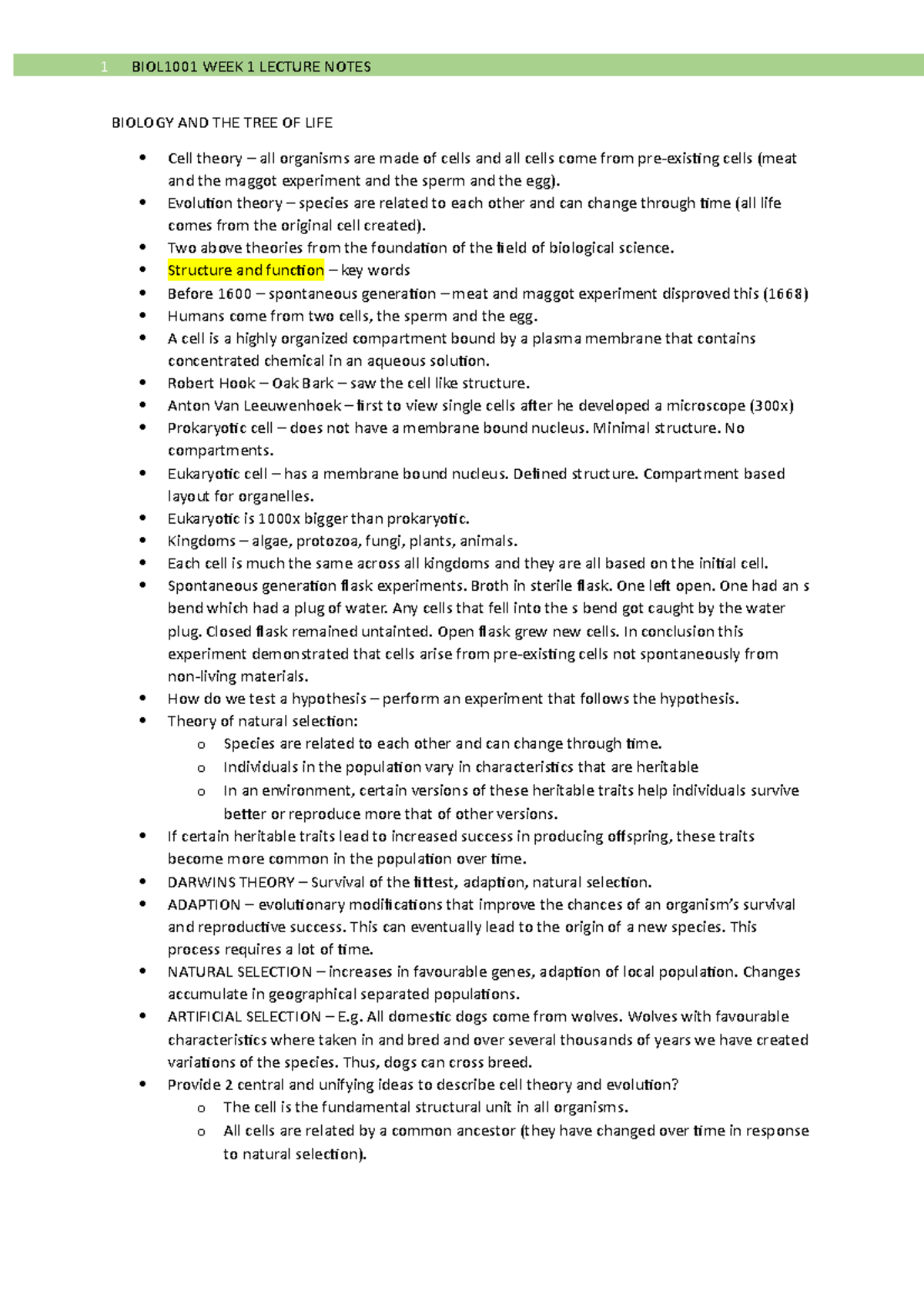BIOL1001 WEEK 1 Notes - BIOL1001 WEEK 1 LECTURE NOTES 1 BIOLOGY AND THE ...