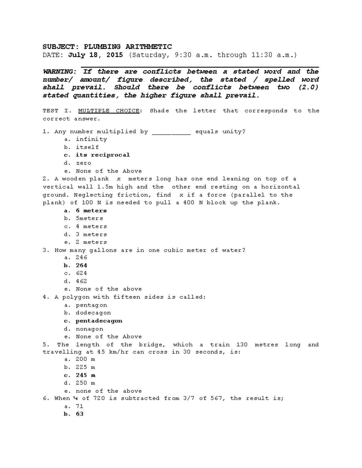 Mock board for math master plumbing arithmetic 2015 (answer key