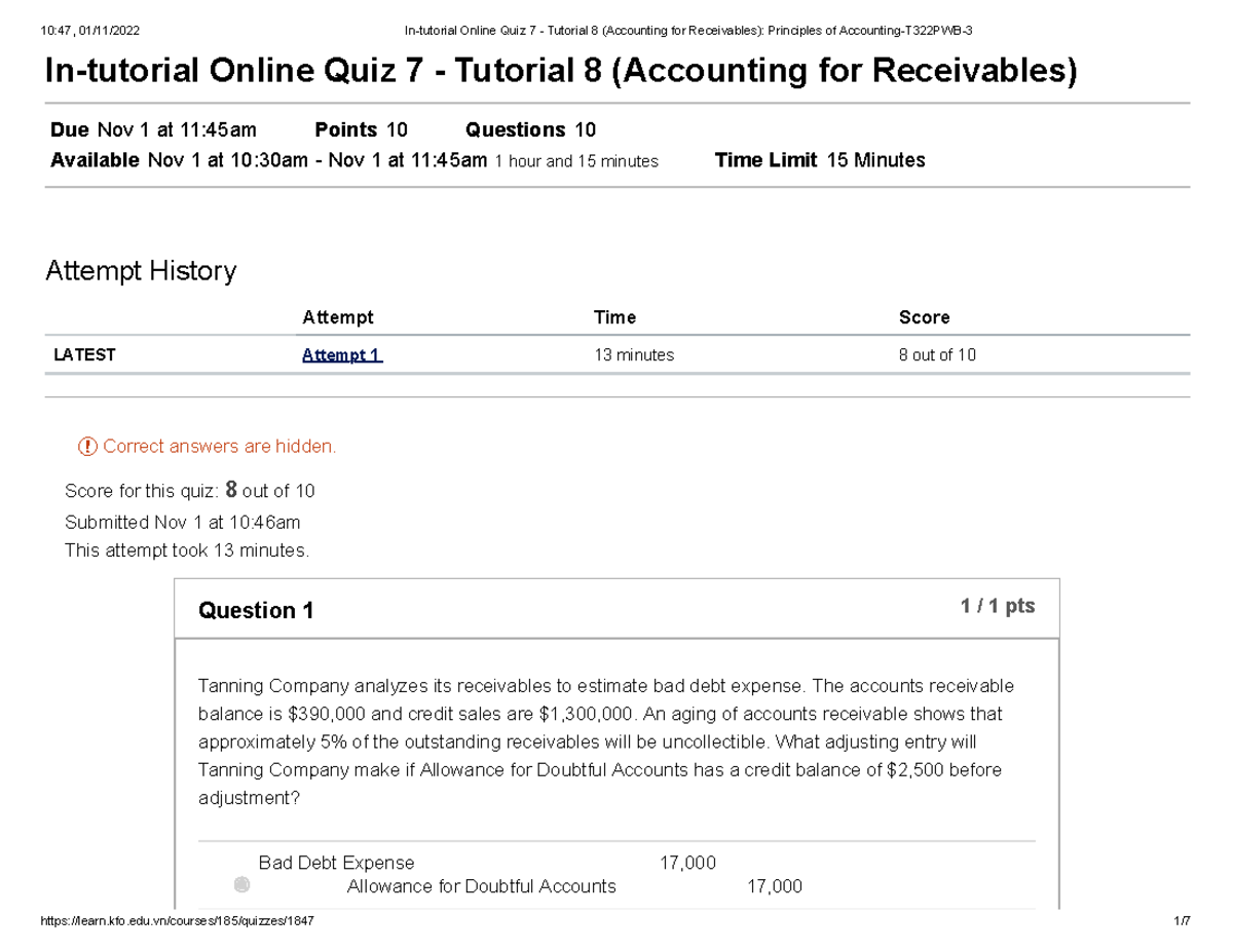 In Tutorial Online Quiz 7 Tutorial 8 Accounting For Receivables Principles Of Studocu In Tutorial Online Quiz 7 Tutorial 8 Accounting For Receivables Principles Of Studocu