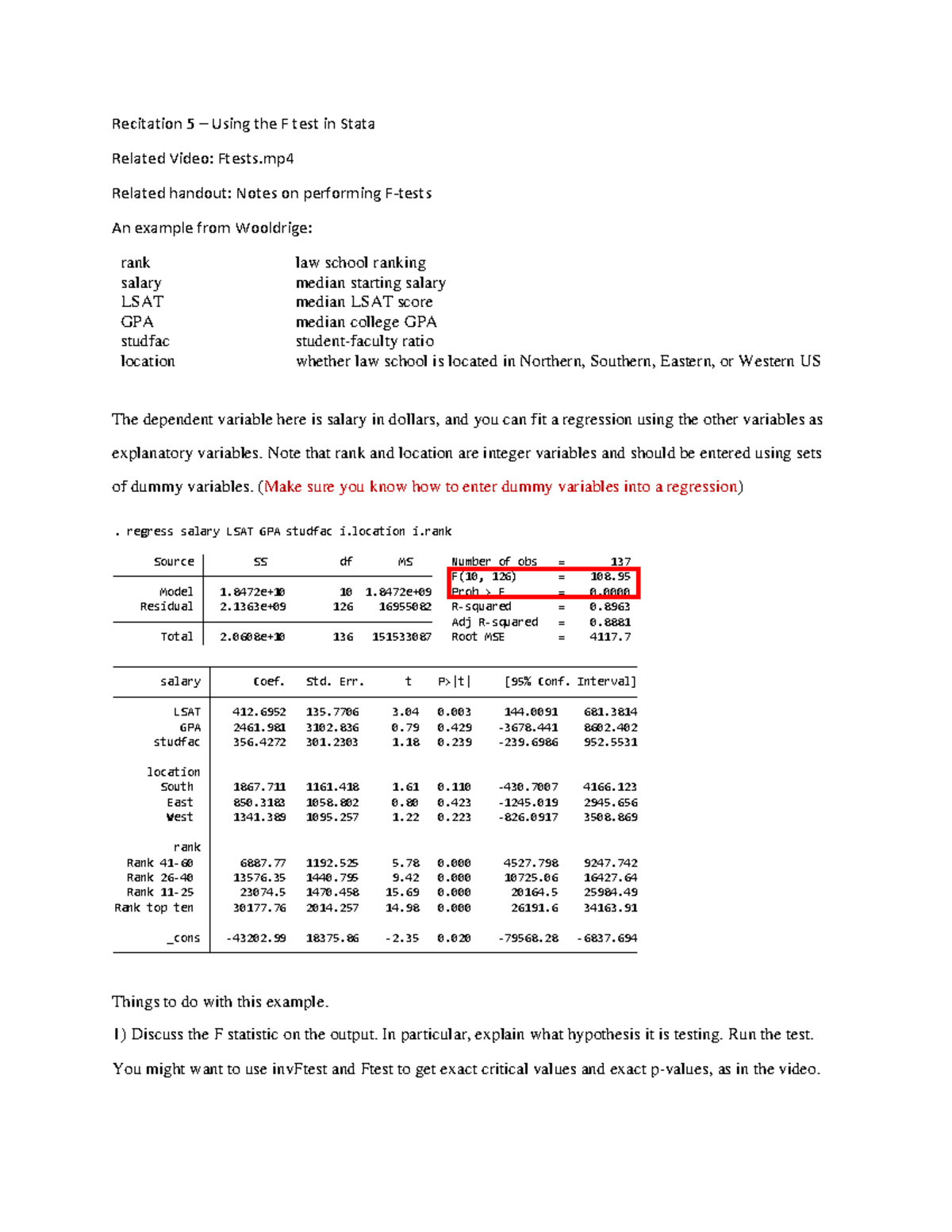Recitation 06 Notes - econ - Recitation 5 – Using the F test in Stata ...