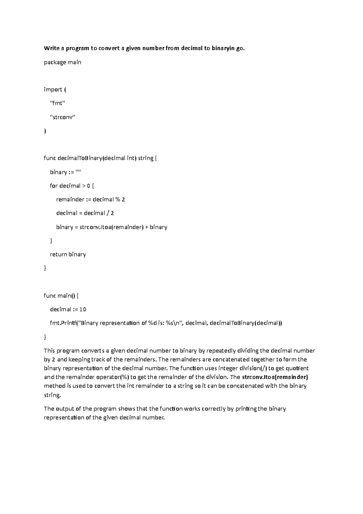 Go biinary - Converting to Binary using GO - Write a program to convert ...