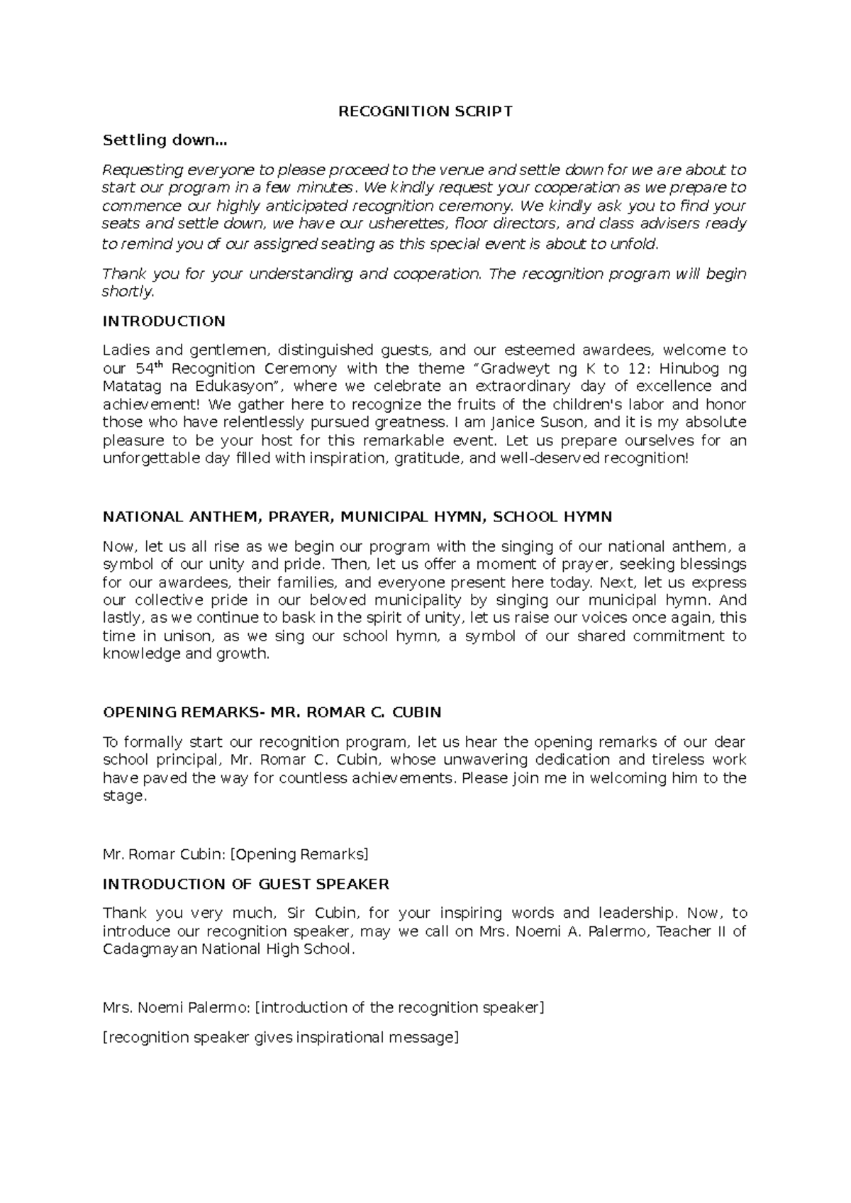 Recognition- Script Super- Final - RECOGNITION SCRIPT Settling down ...