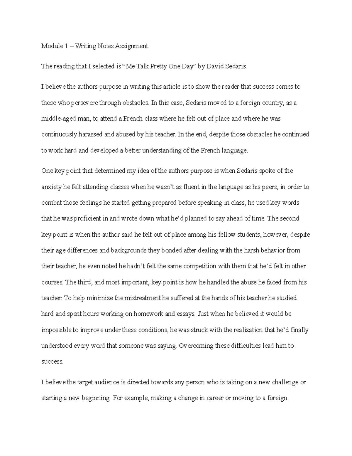 Module 1-7: Writing Notes (David Sedaris Article) - Module 1 – Writing ...