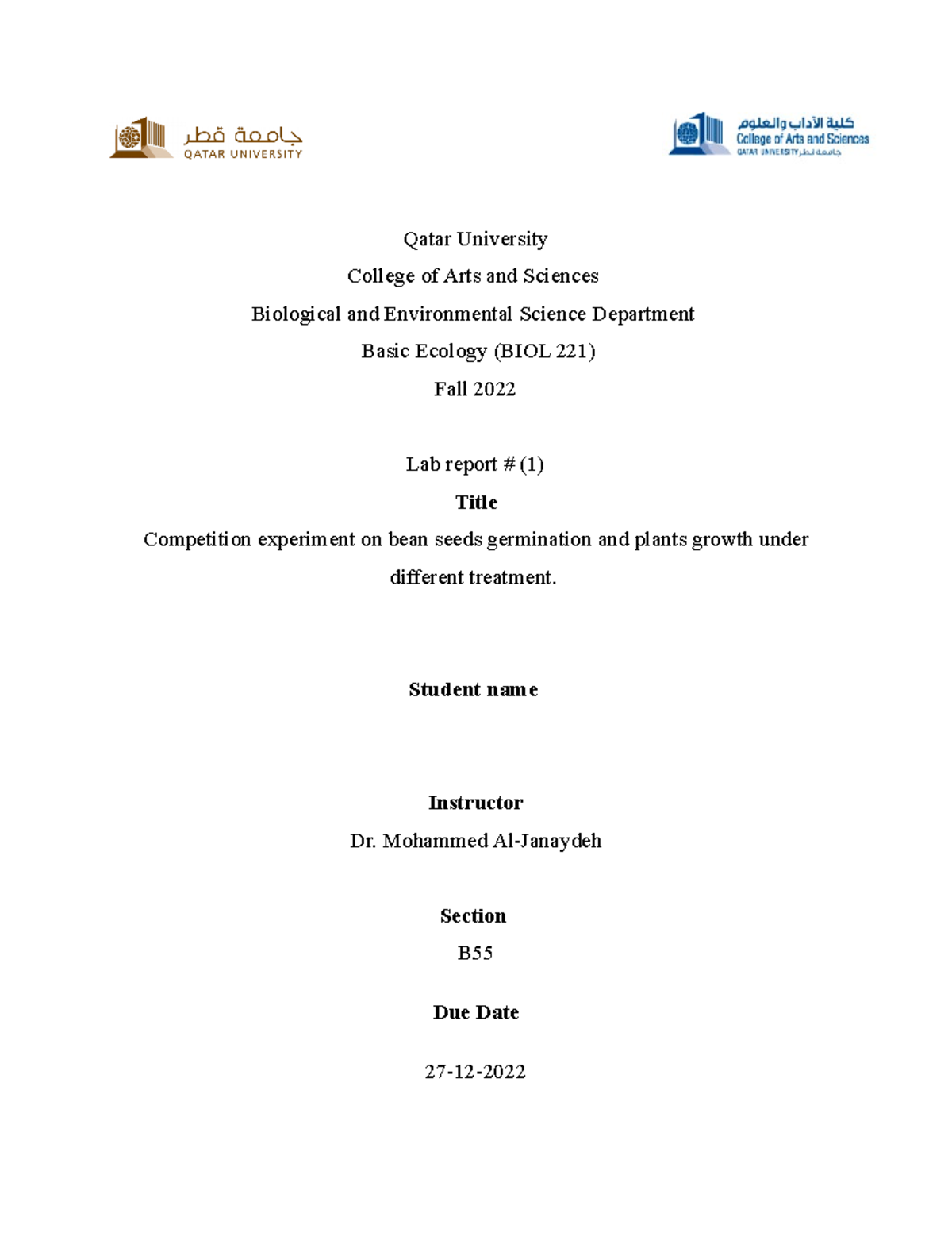 Biology lab report - Qatar University College of Arts and Sciences ...