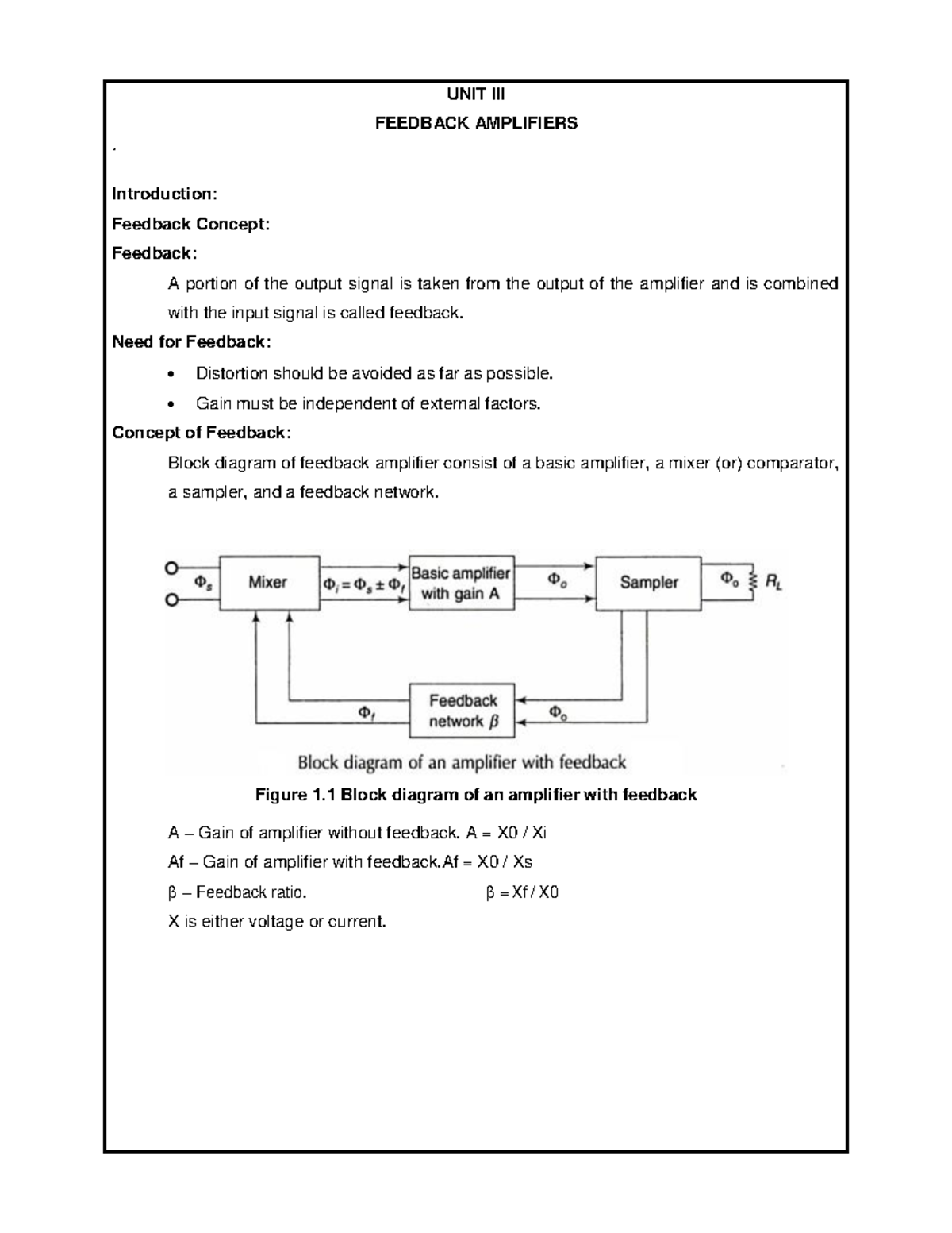Feedback amplifiers It's useful UNIT III FEEDBACK AMPLIFIERS