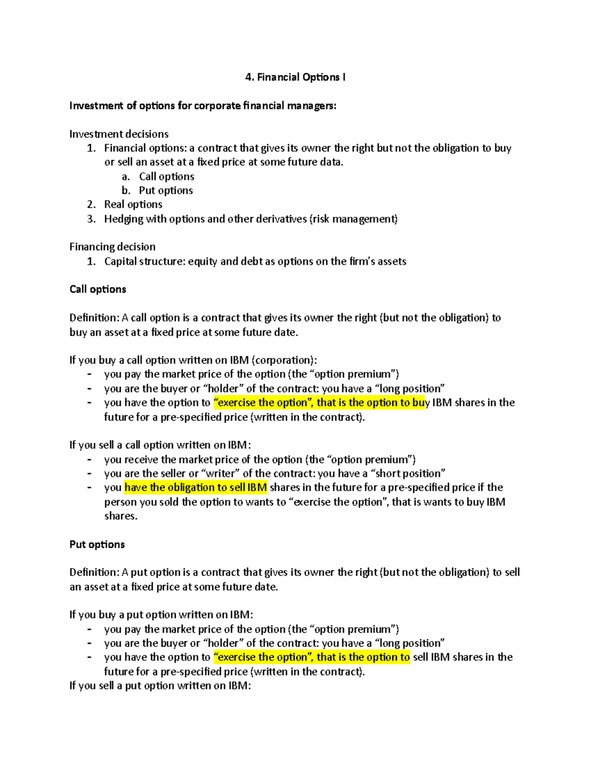 4. Financial Options I - Financial Options I Investment of options for ...