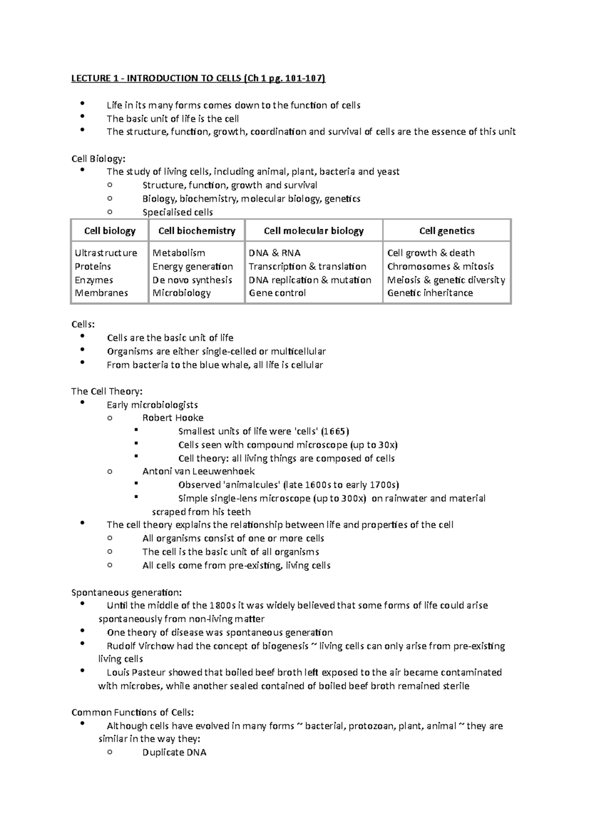 BIO152 Lecture 1 Notes - LECTURE 1 - INTRODUCTION TO CELLS (Ch 1 Pg ...