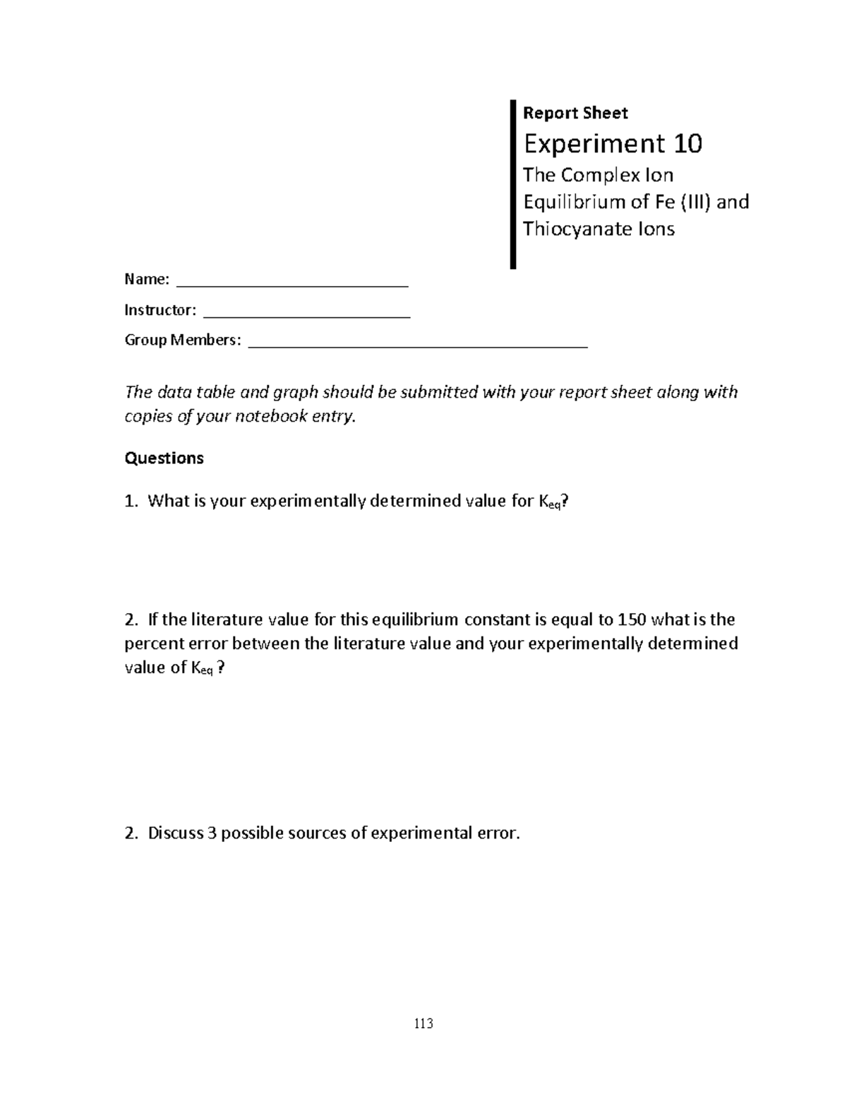 Complex Ion Report Sheet - 113 Report Sheet Experiment 10 The Complex ...