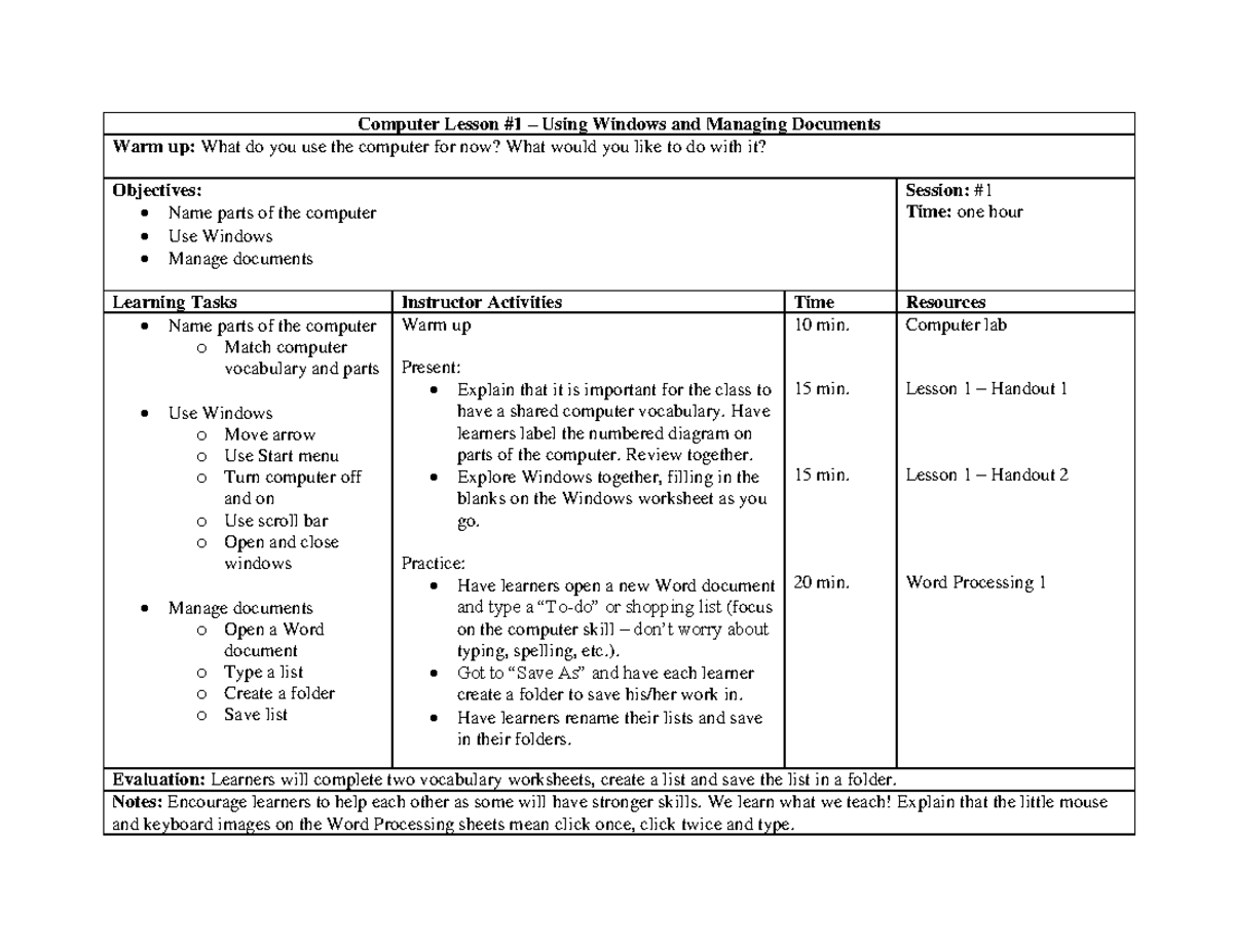 Introduction to Computers Lesson Plans 07 10 - Computer Lesson #1 ...