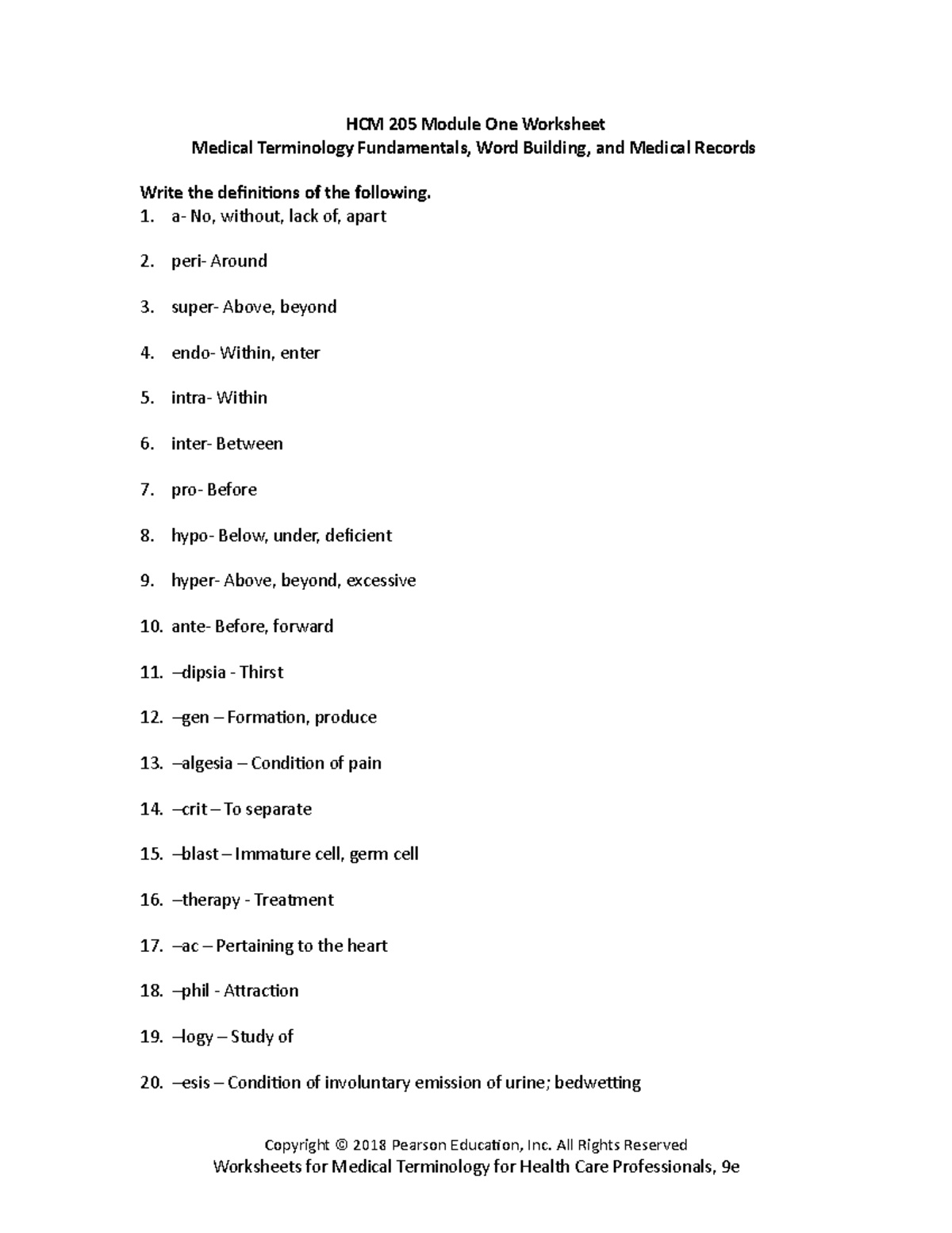 Module 1 Worksheet - HCM 205 Module One Worksheet Medical Terminology ...