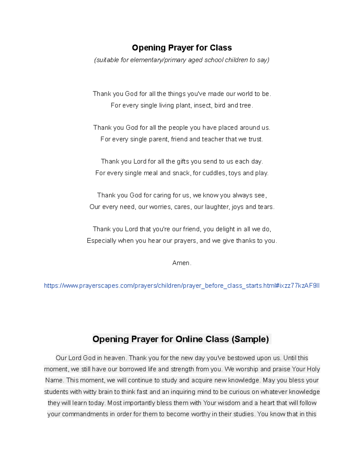 English Opening Prayer for Online Class College Student