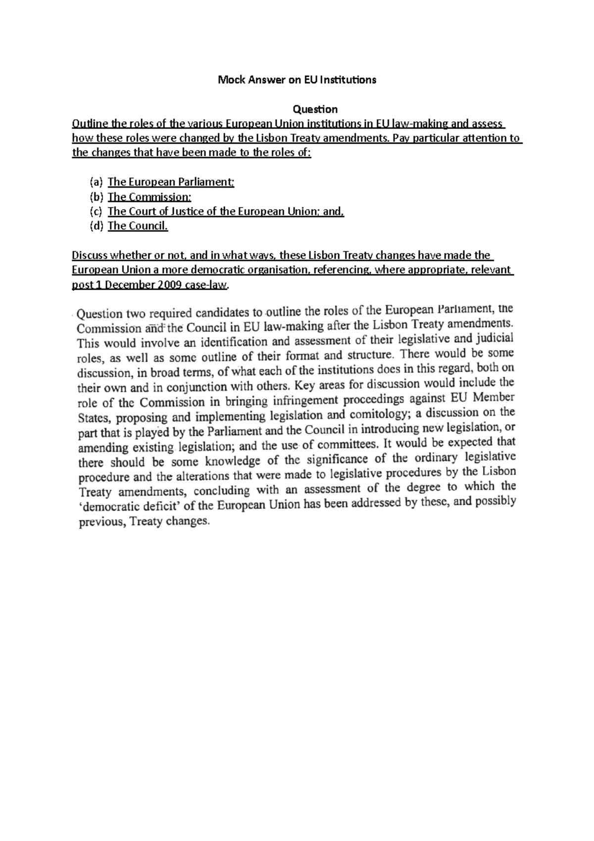 Notes - Mock Answer on EU Institutions - Mock Answer on EU Institutions ...