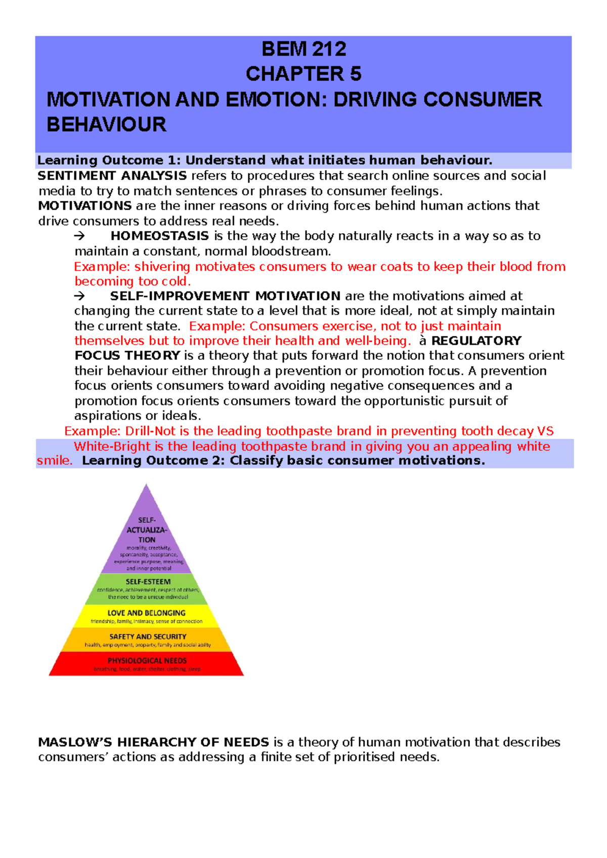BEM 212 Chapter 5 notes - BEM 212 CHAPTER 5 MOTIVATION AND EMOTION ...