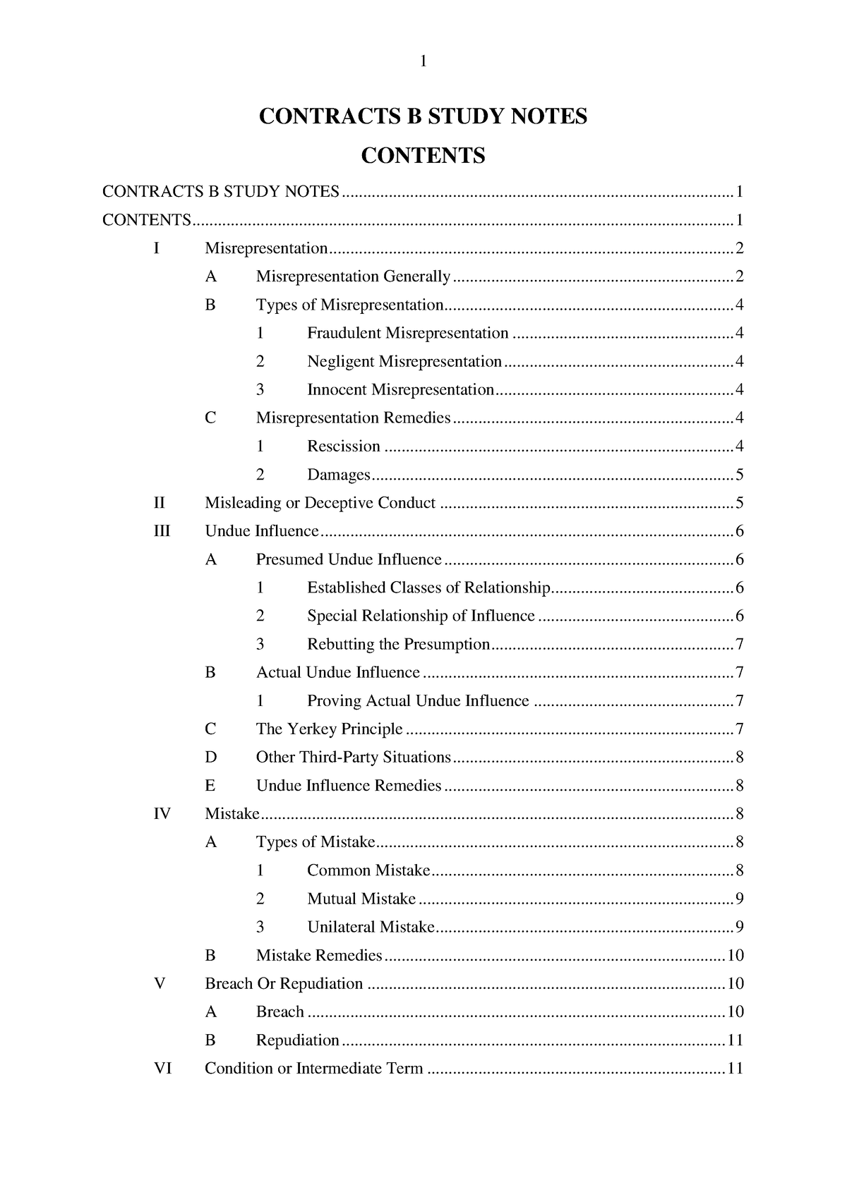 Contracts B Study Notes - CONTENTS CONTRACTS B STUDY NOTES CONTENTS ...