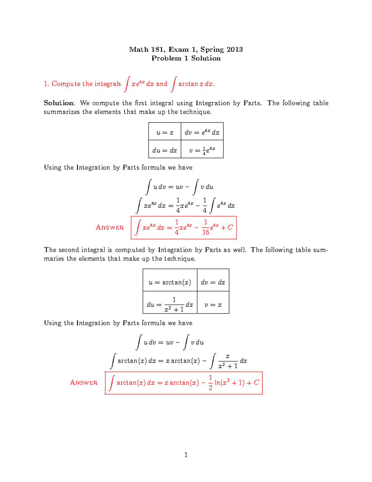 M181e1s13 - Math 181, Exam 1, Spring 2013 Problem 1 Solution 1. Compute ...