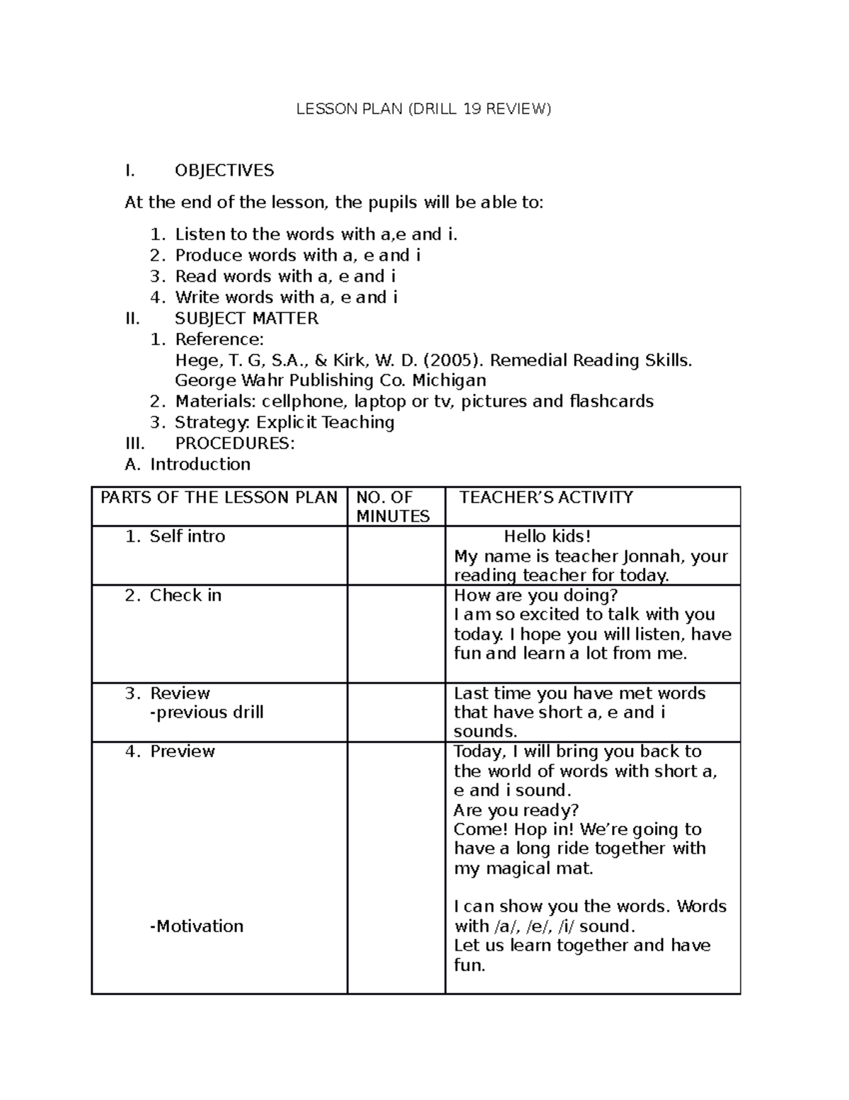 drill and review in lesson plan example