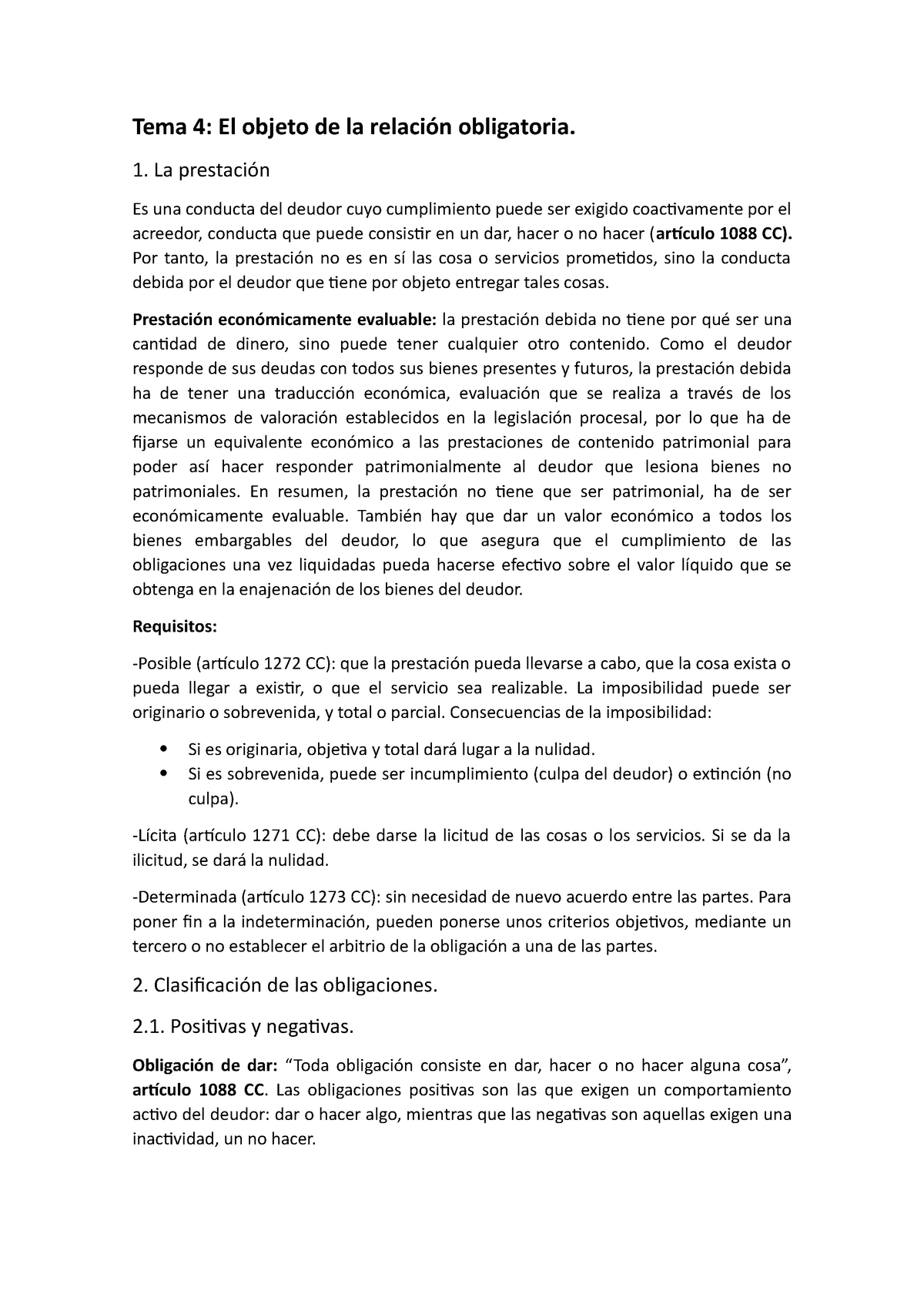 Tema 4 Apuntes 4 Tema 4 El Objeto De La Relación Obligatoria 1 La Prestación Es Una 1234