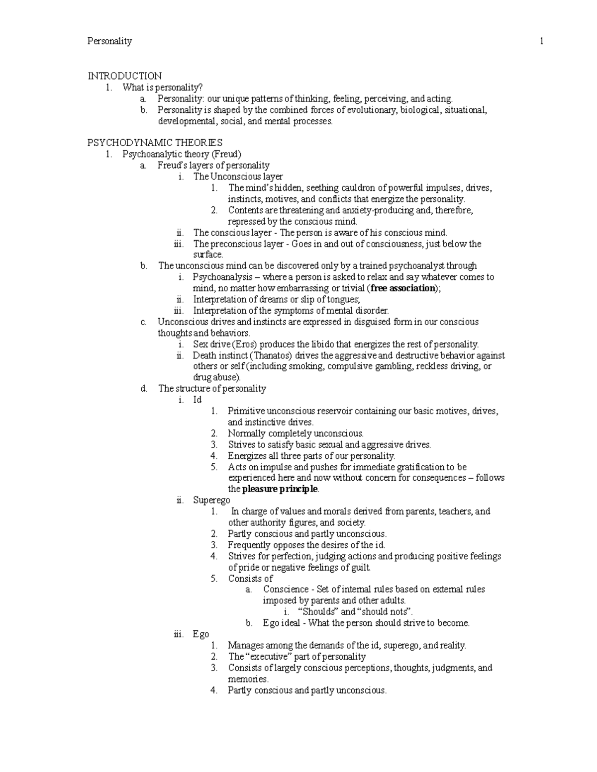 Personality - A quick summary of the chapter, this is not exhaustive. I ...