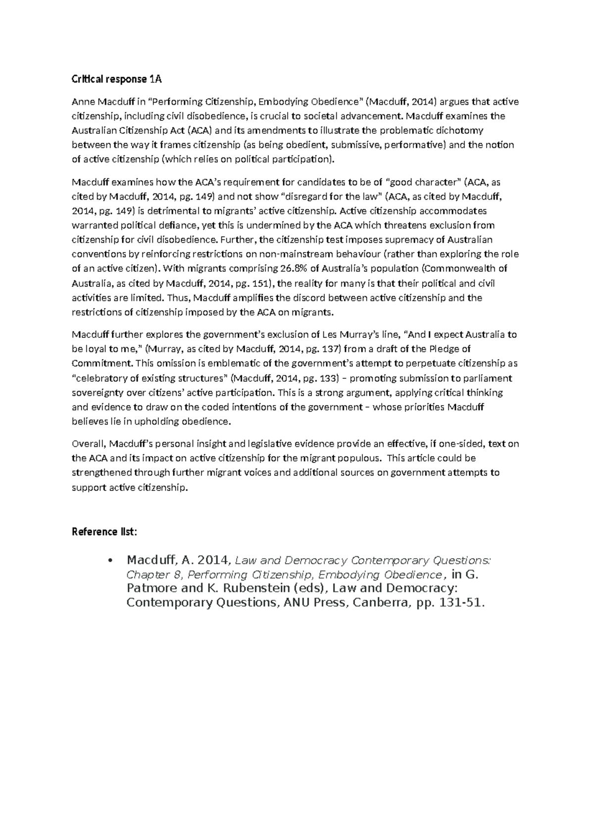 Critical response 1A final - Critical response 1A Anne Macduff in ...