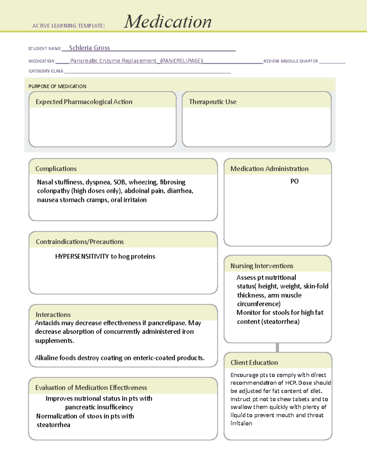 Pancreatic Enzyme Replacement Medication Template - STUDENT NAME ...