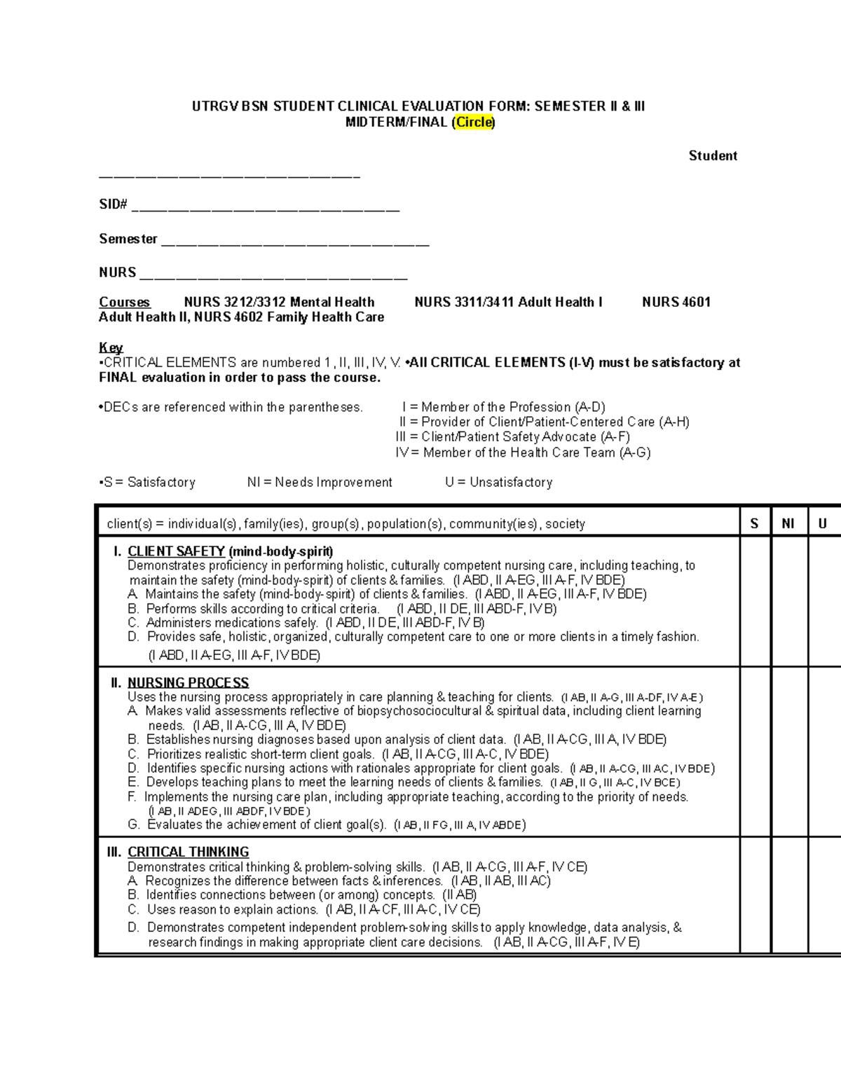 Utrgv BSN Student Clinical Evaluation FORM UTRGV BSN STUDENT CLINICAL