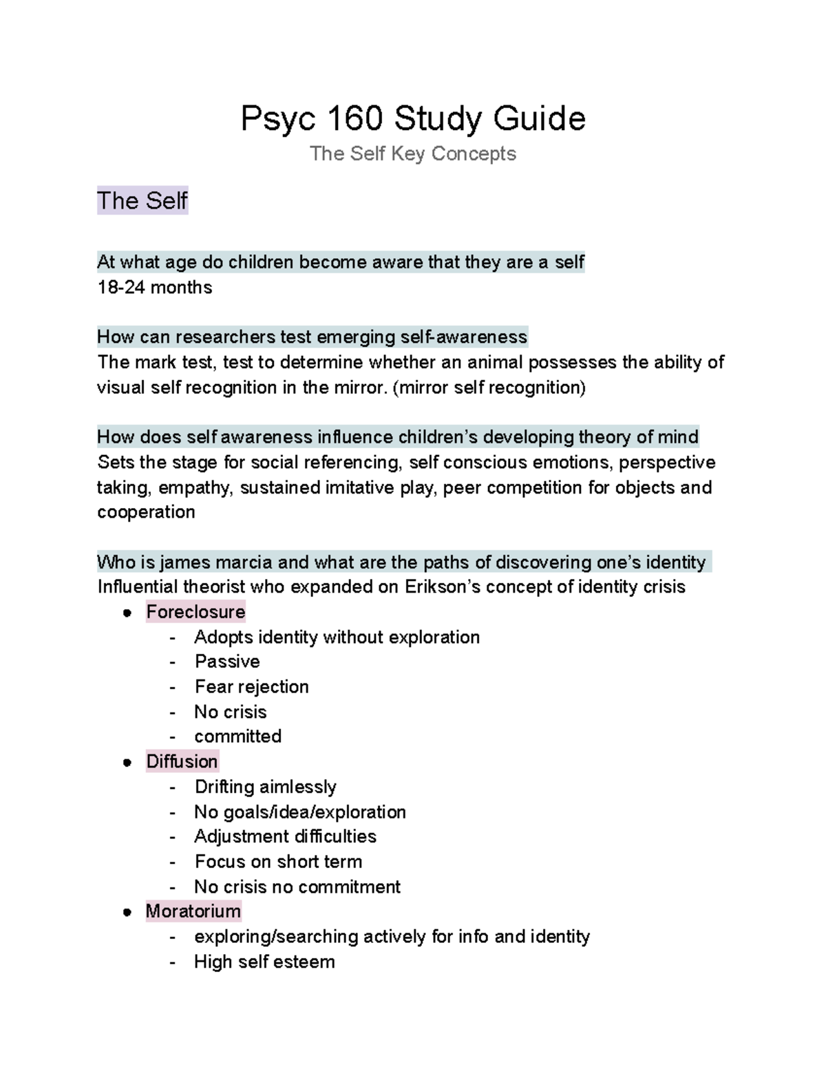 Psyc 160 Study Guide exam 3 (THE SELF) - Psyc 160 Study Guide The Self ...
